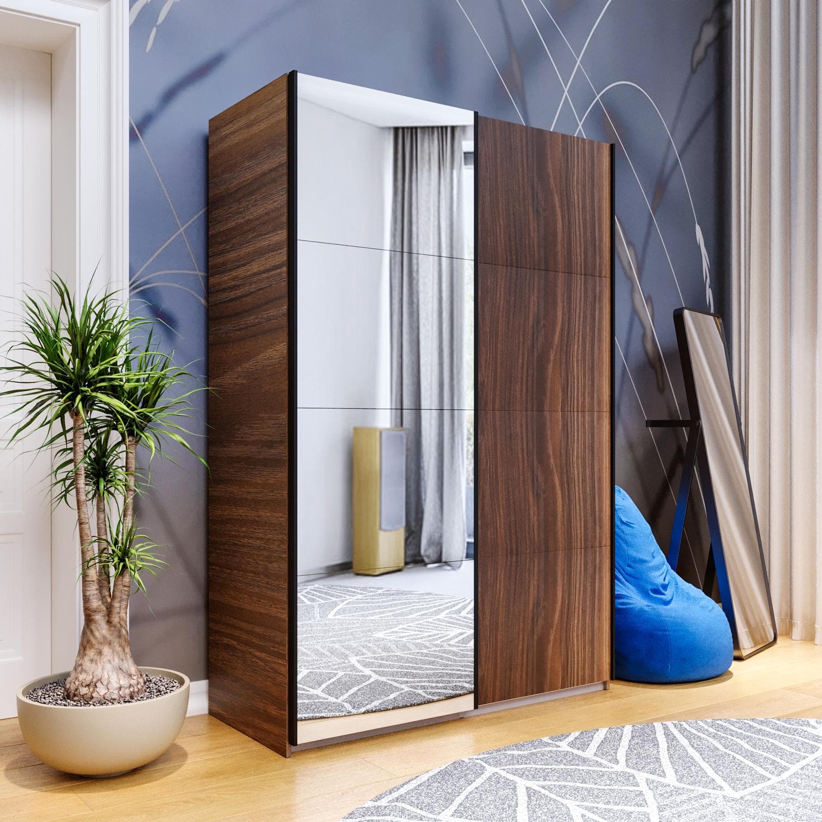 Armadio 150x223h cm rovere deciso con 2 ante scorrevoli rovere deciso e specchio - Alen