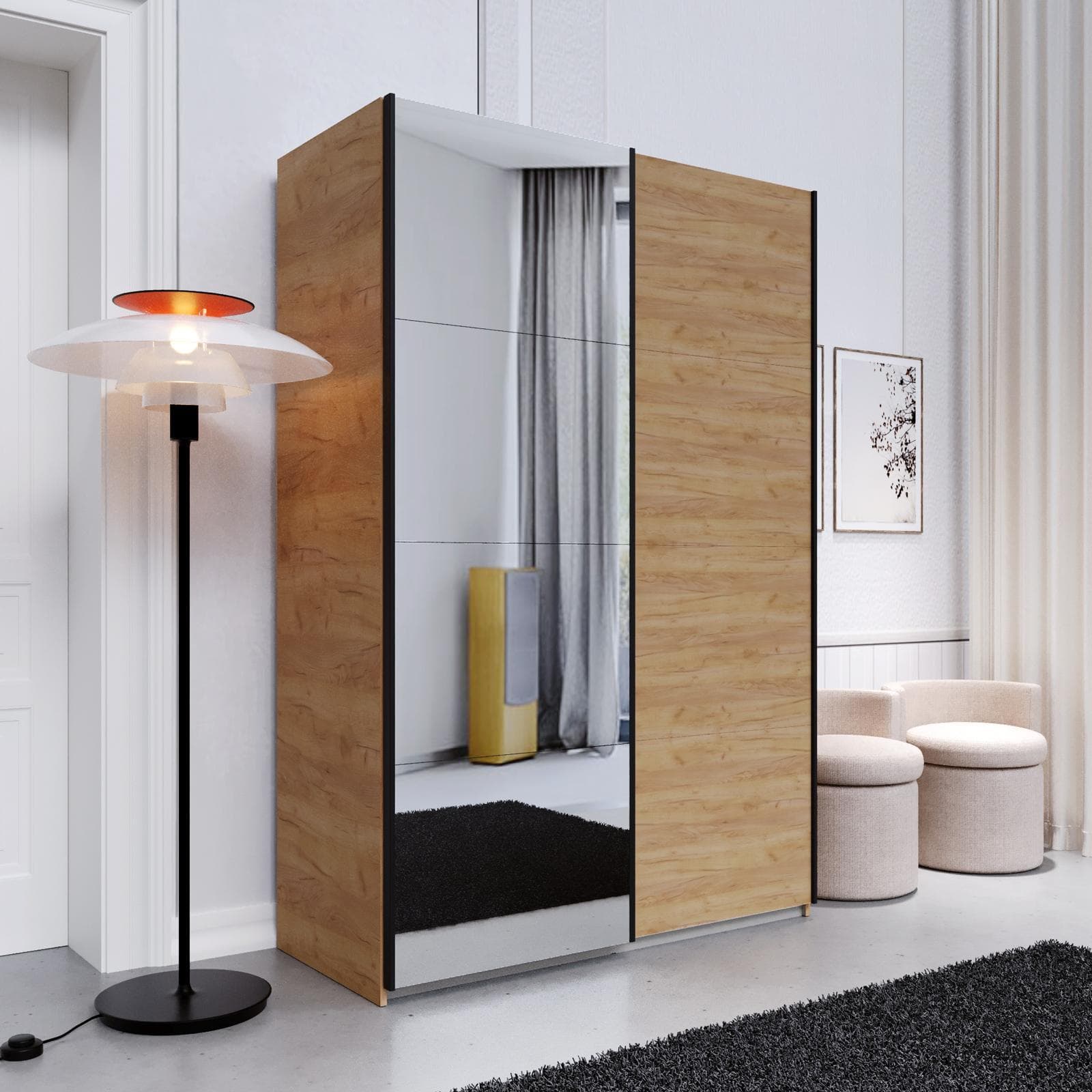 Armadio 150x223h cm rovere gold con 2 ante scorrevoli rovere gold e specchio - Alen