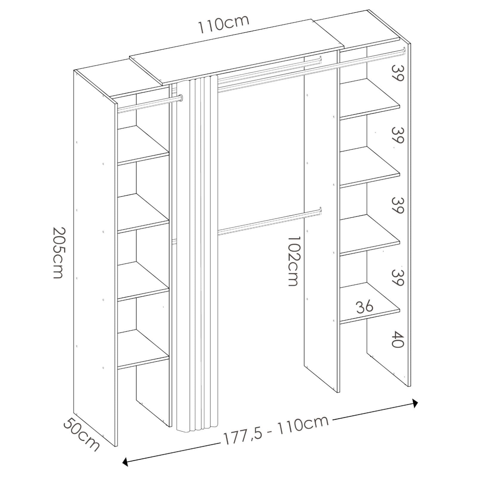 Armadio regolabile 180-110x205 h cm in legno naturale e grafite con tenda - Bernac