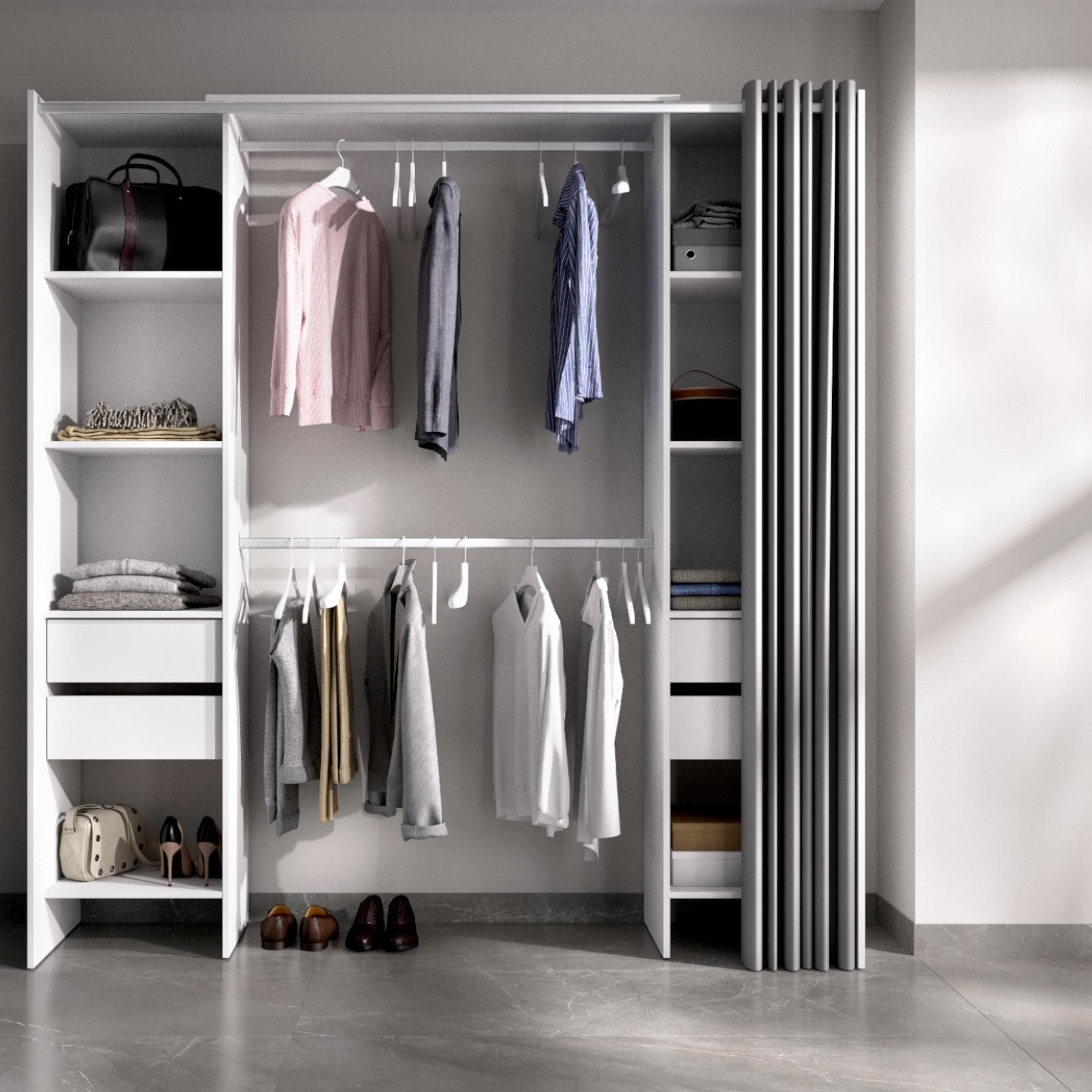 Armadio 180x205 h cm in legno bianco con tenda - Bernac