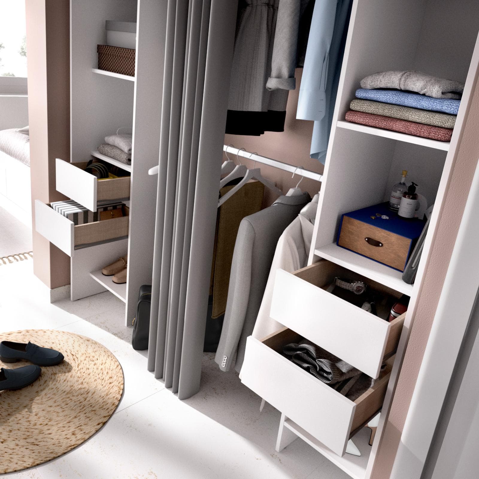 Armadio 180x205 h cm in legno bianco con tenda - Bernac