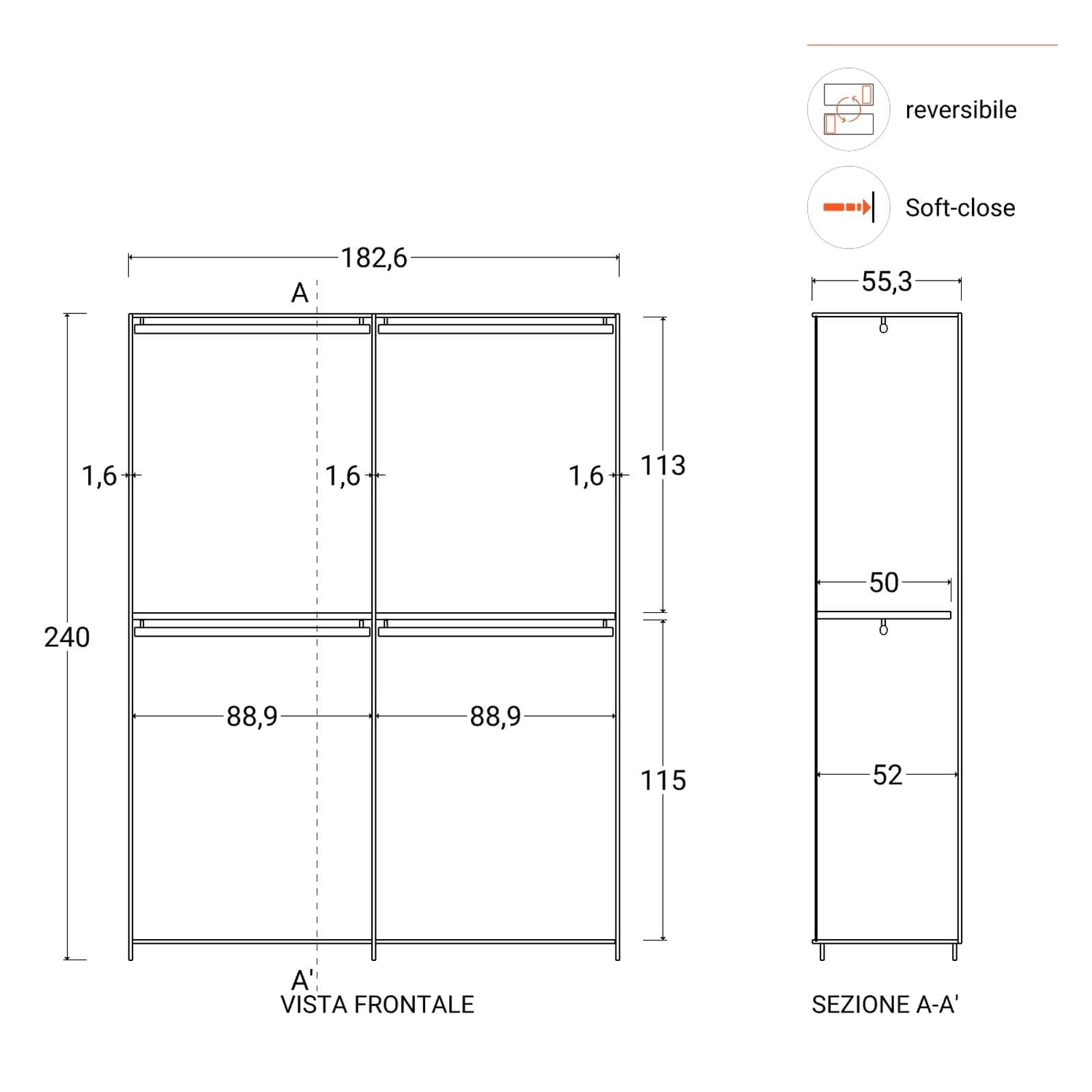 Armadio battente 183x240h cm 4 ante reversibili con soft close bianco lucido - Cindy