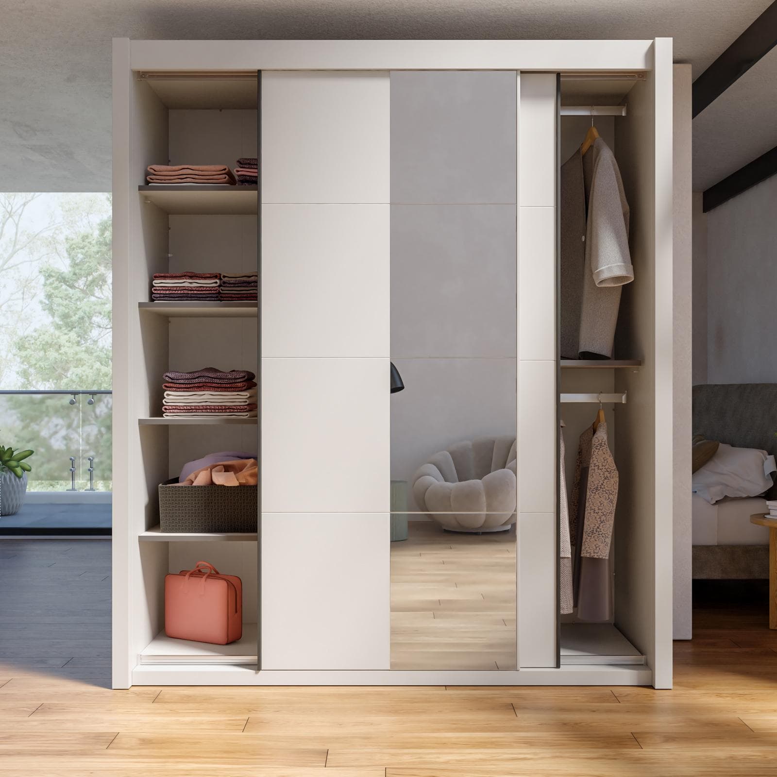 Armadio 180x216h cm cashmere con 2 ante scorrevoli e specchio - Colman
