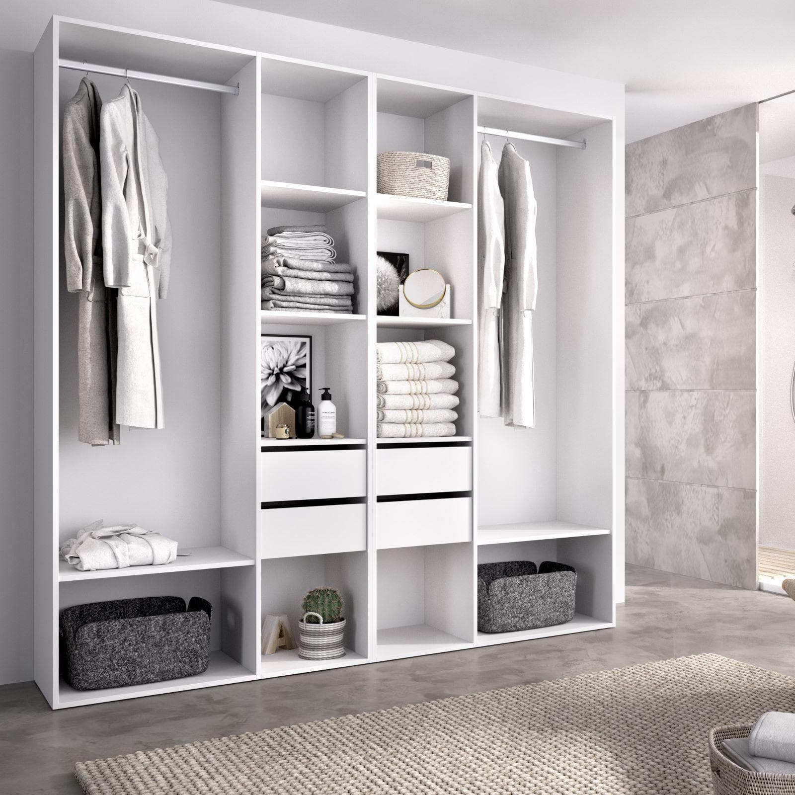 Armadio 196x205h cm bianco ed effetto rovere naturale con 4 cassetti - Bernac