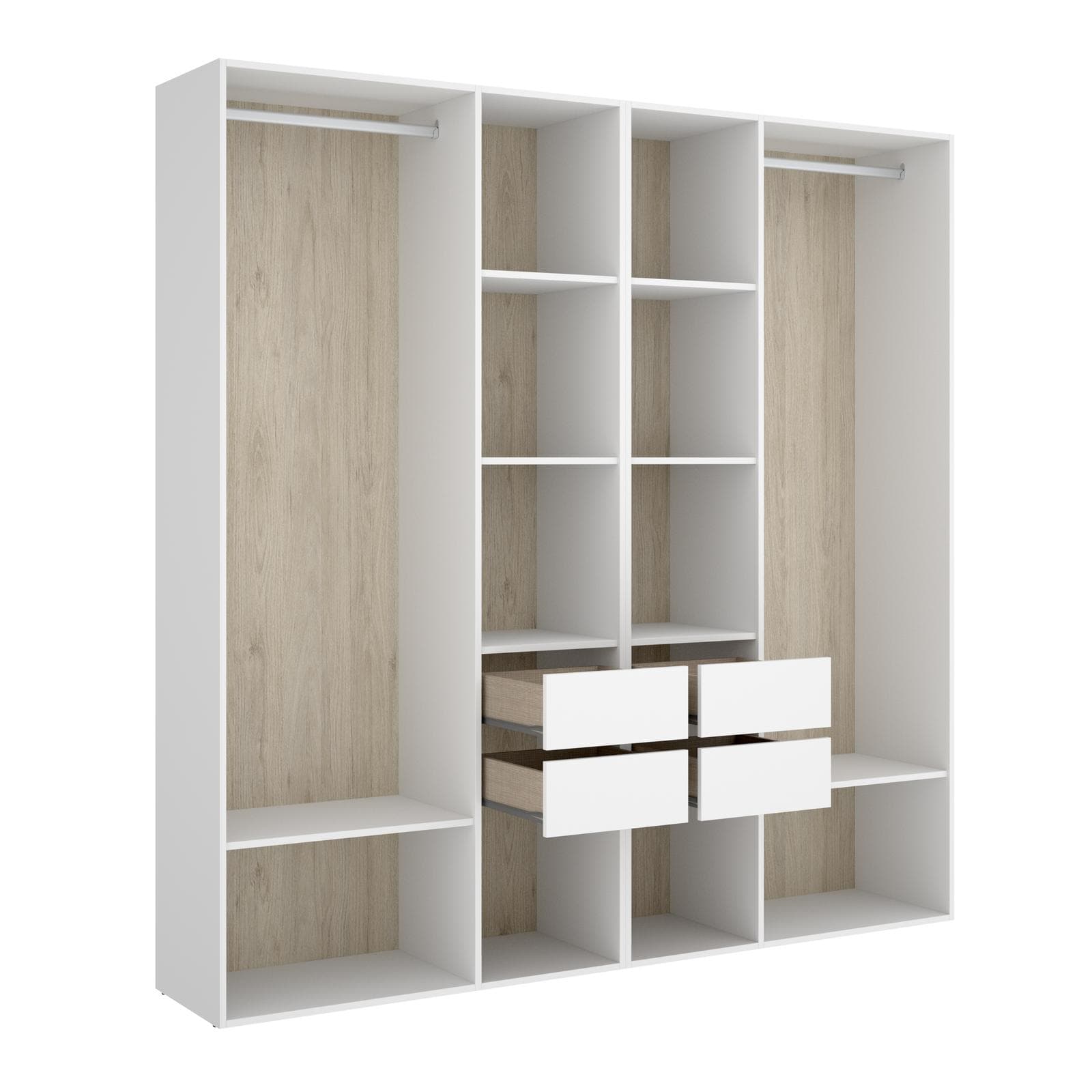 Armadio 196x205h cm bianco ed effetto rovere naturale con 4 cassetti - Bernac