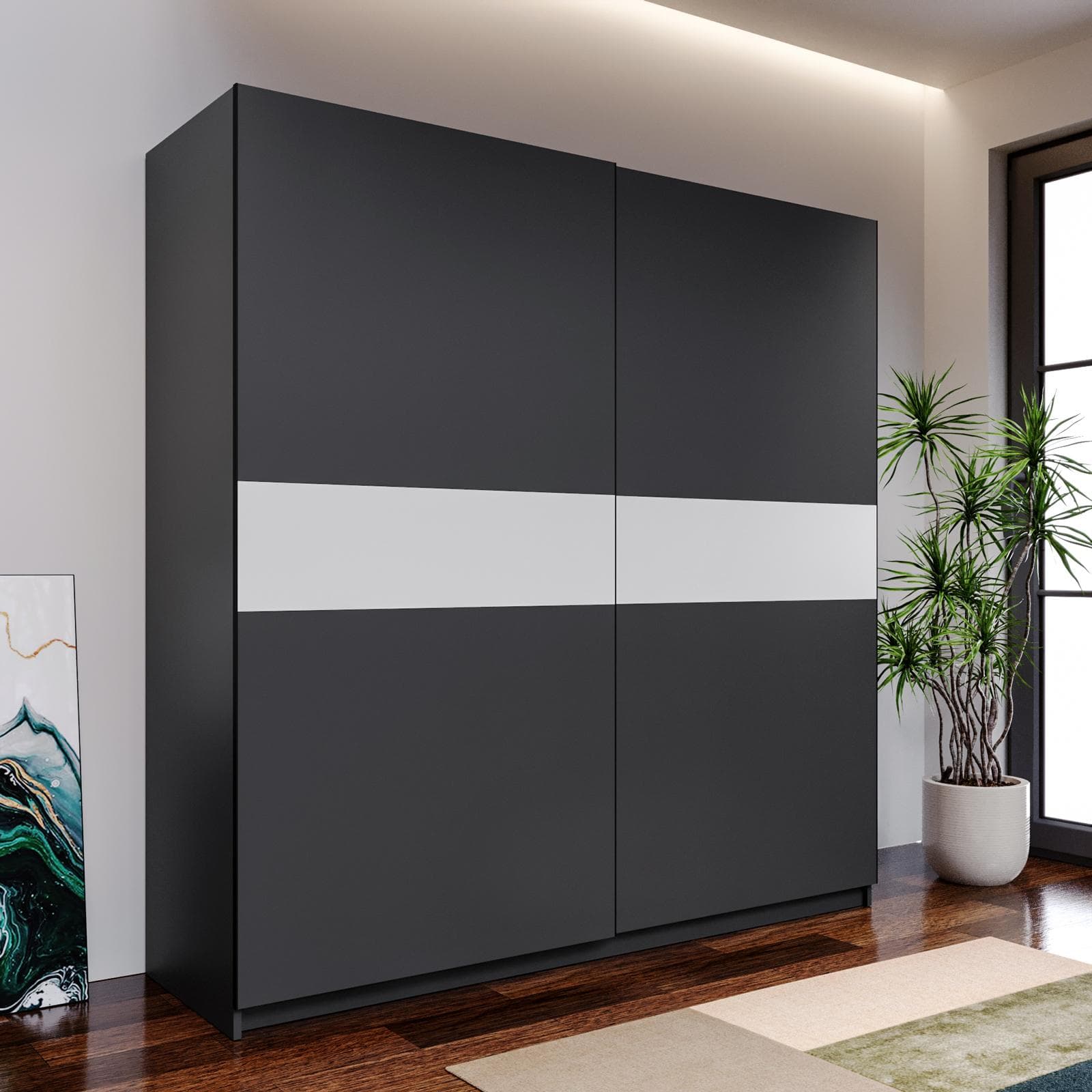 Armadio 200x205h cm con 2 ante scorrevoli antracite con inserto bianco - Essex