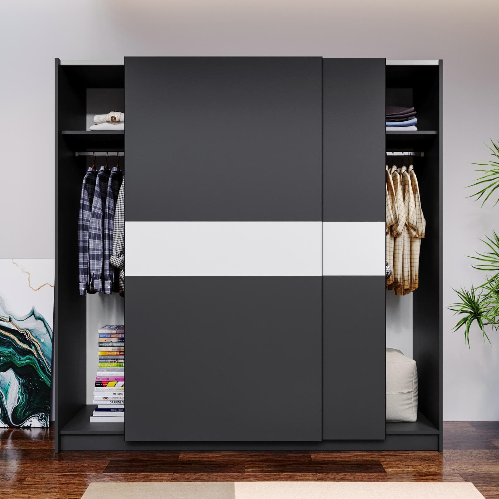 Armadio 200x205h cm con 2 ante scorrevoli antracite con inserto bianco - Essex