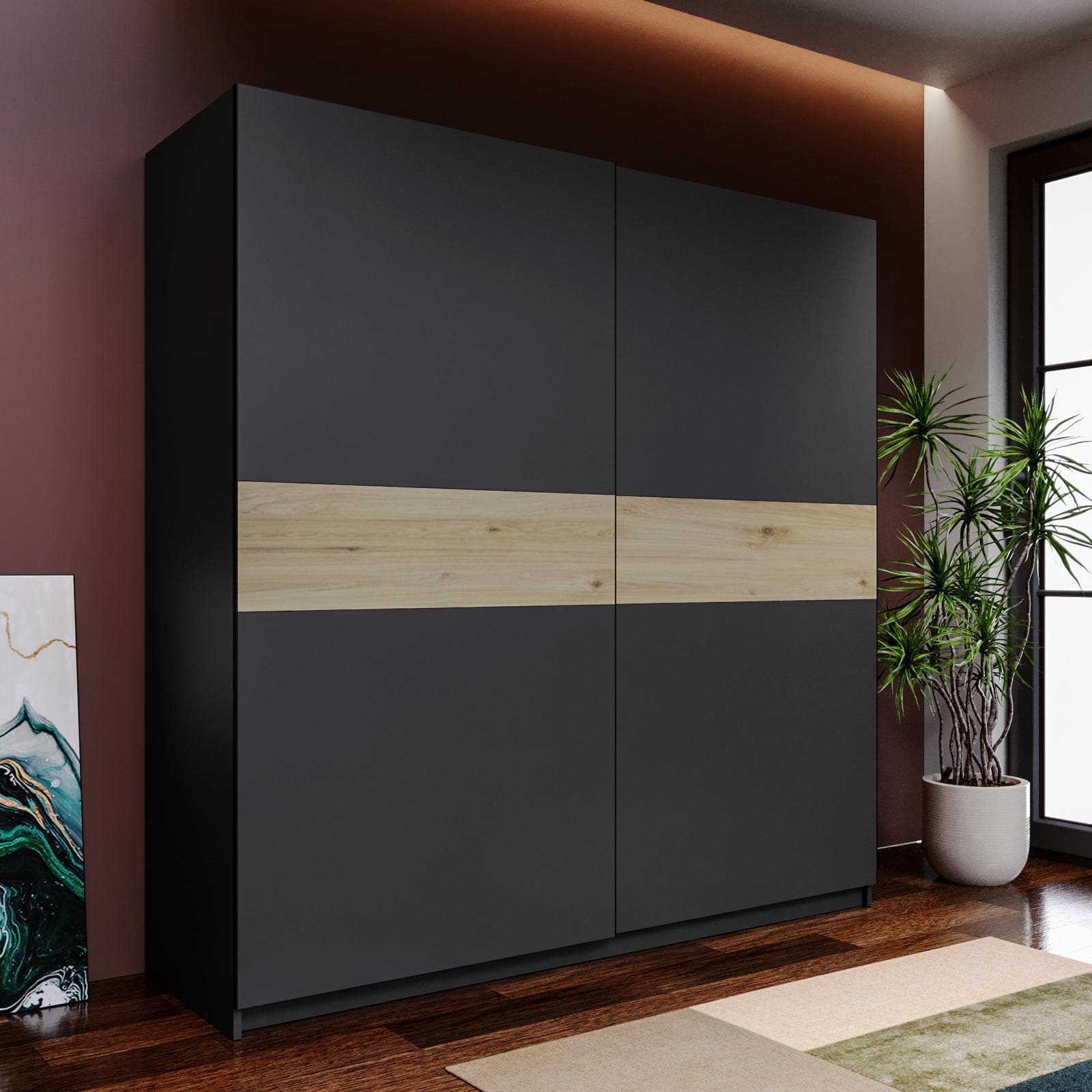 Armadio 200x205h cm con 2 ante scorrevoli antracite con inserto rovere - Essex
