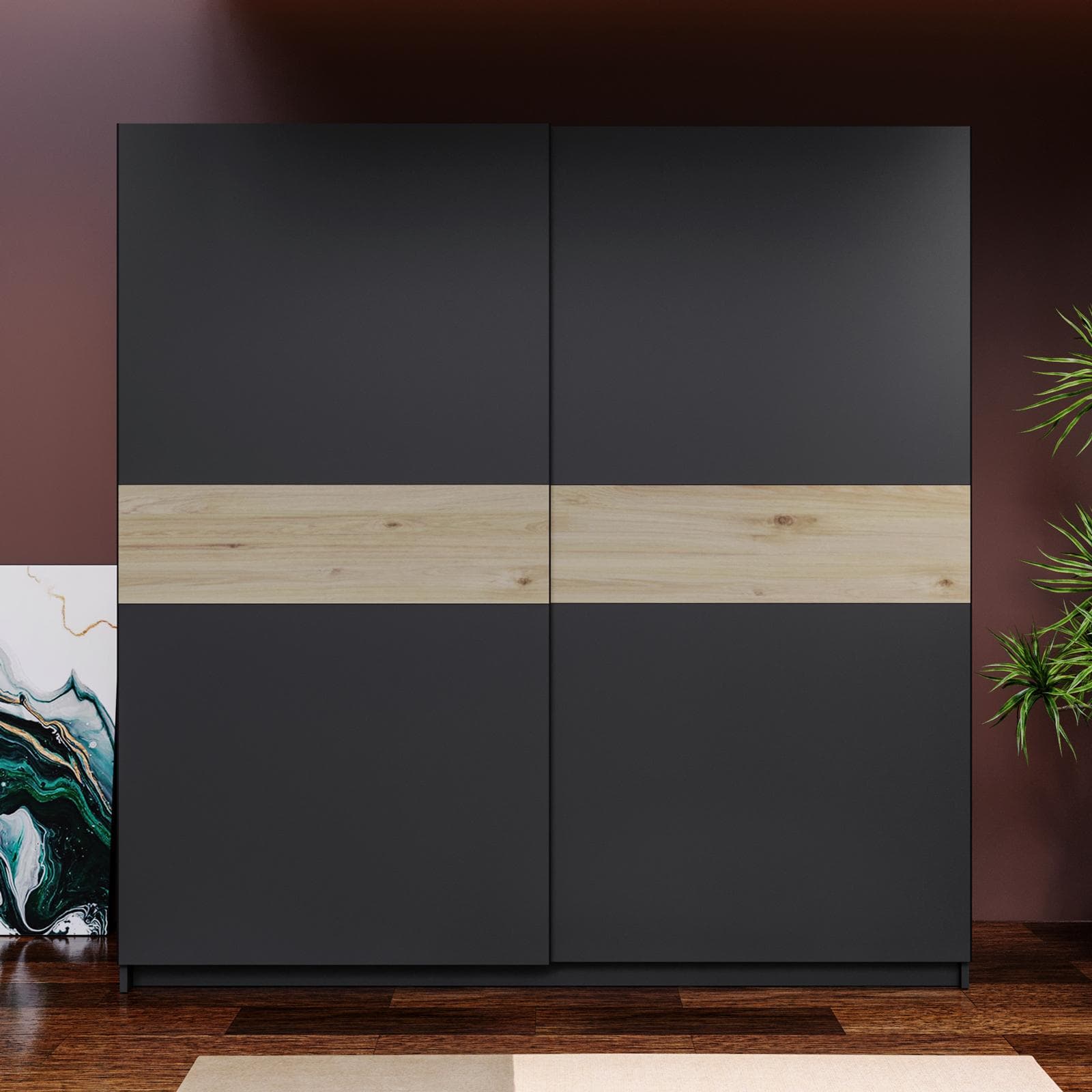 Armadio 200x205h cm con 2 ante scorrevoli antracite con inserto rovere - Essex