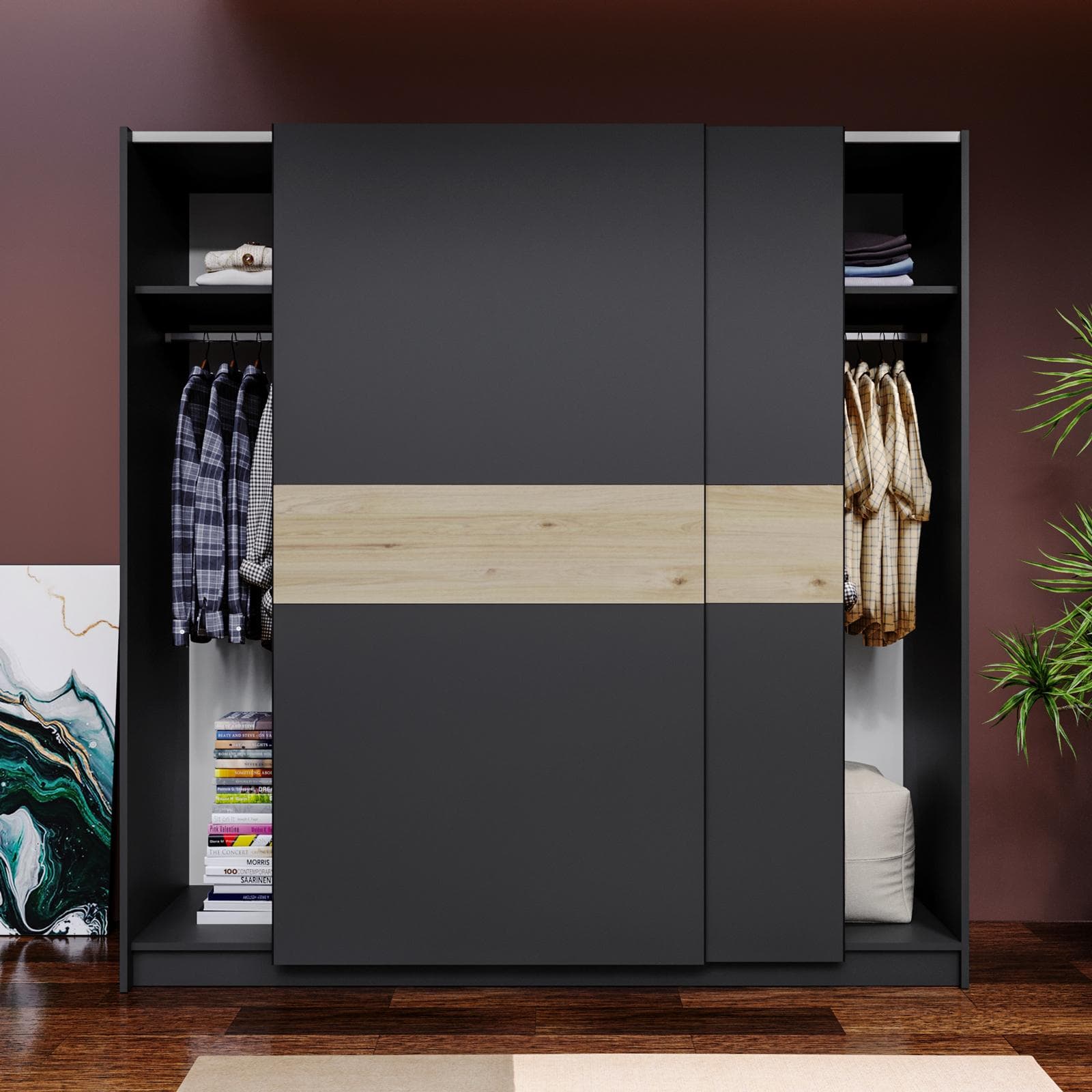 Armadio 200x205h cm con 2 ante scorrevoli antracite con inserto rovere - Essex