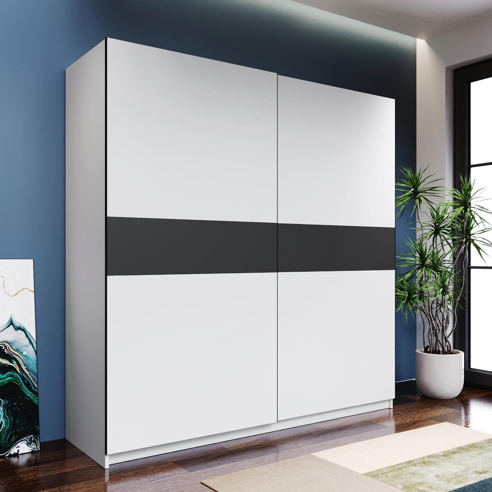 Armadio 200x205h cm con 2 ante scorrevoli bianco con inserto antracite - Essex