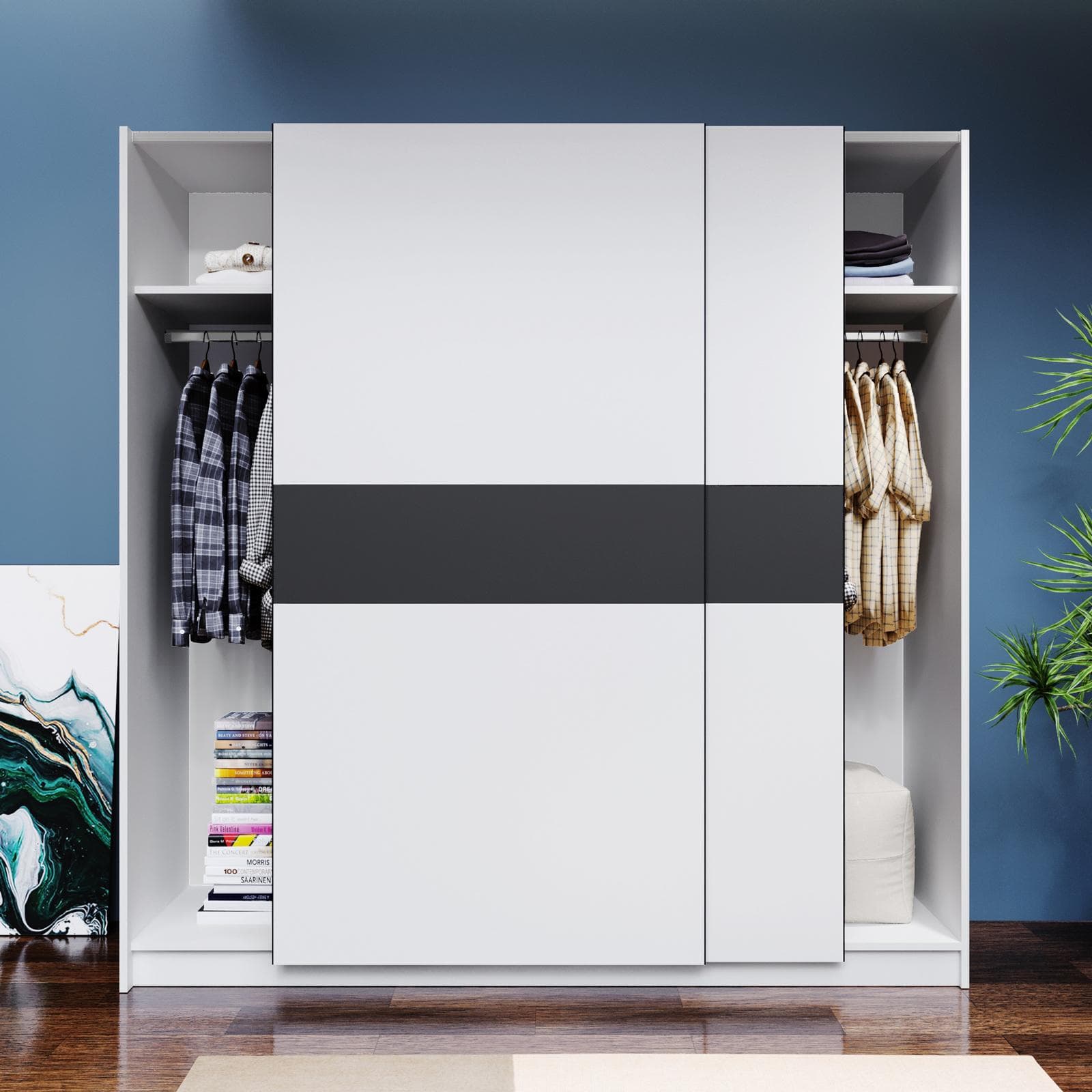 Armadio 200x205h cm con 2 ante scorrevoli bianco con inserto antracite - Essex