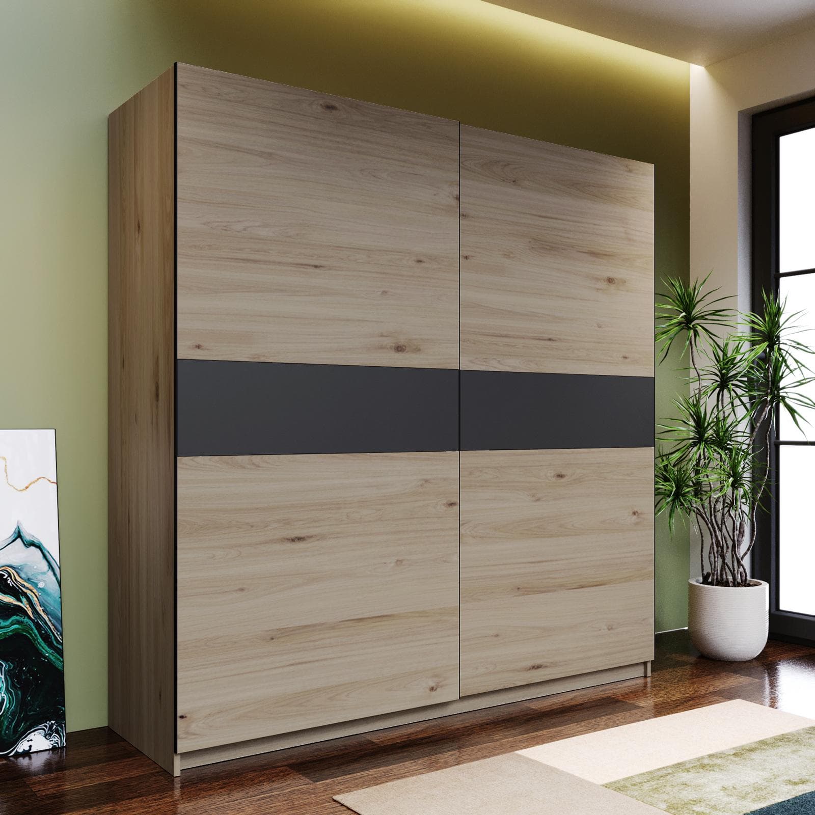 Armadio 200x205h cm con 2 ante scorrevoli rovere con inserto antracite - Essex