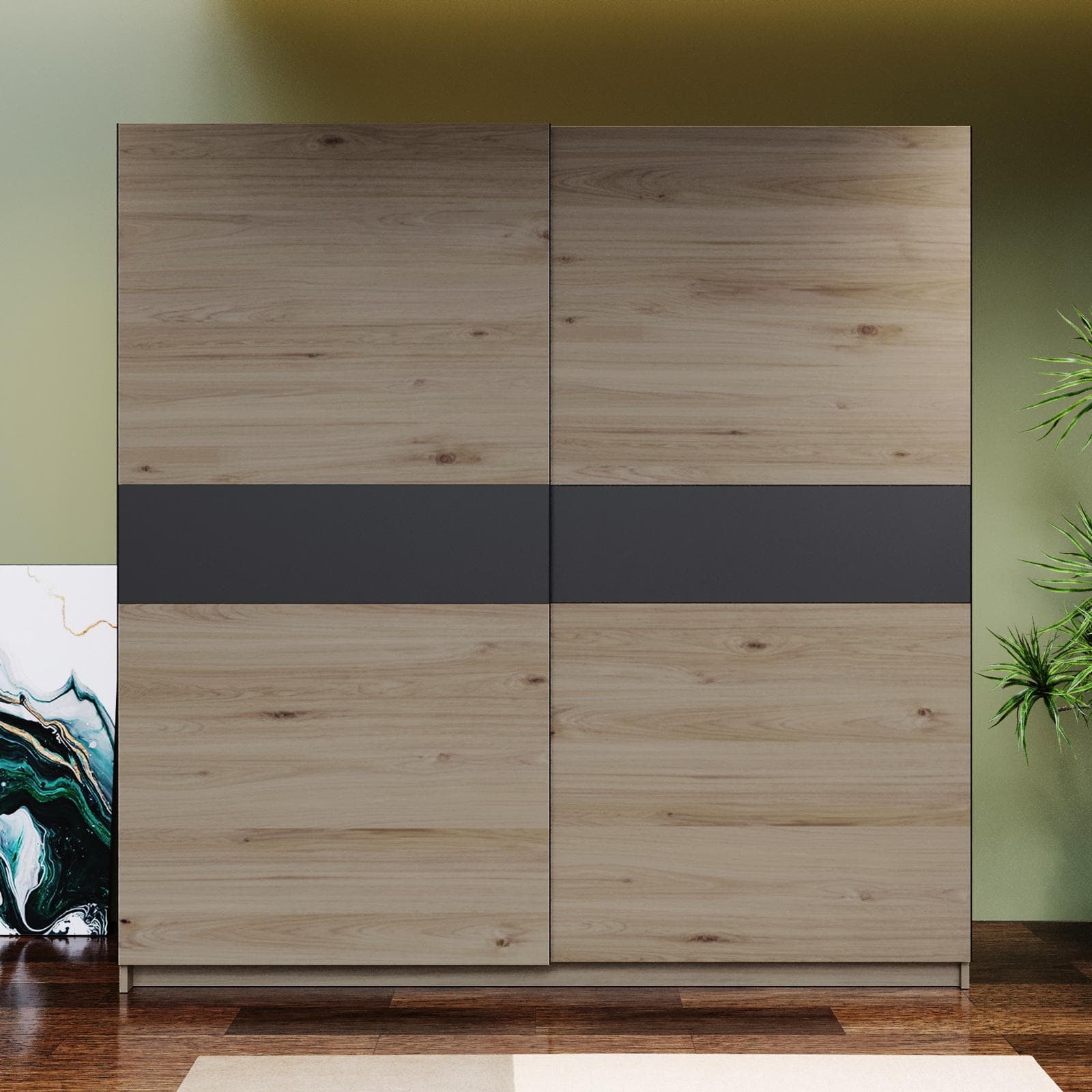 Armadio 200x205h cm con 2 ante scorrevoli rovere con inserto antracite - Essex