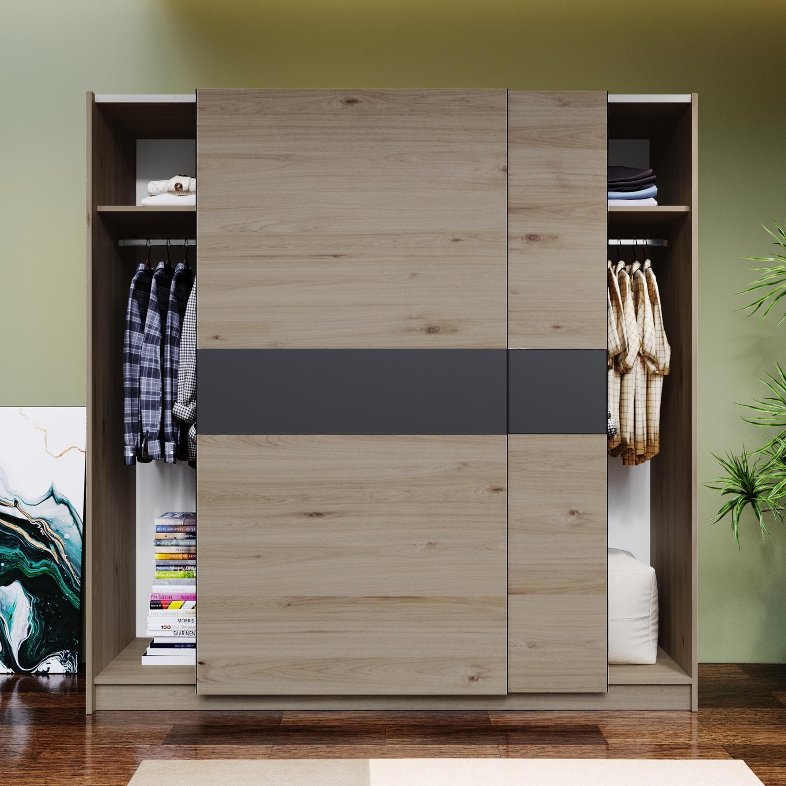 Armadio 200x205h cm con 2 ante scorrevoli rovere con inserto antracite - Essex