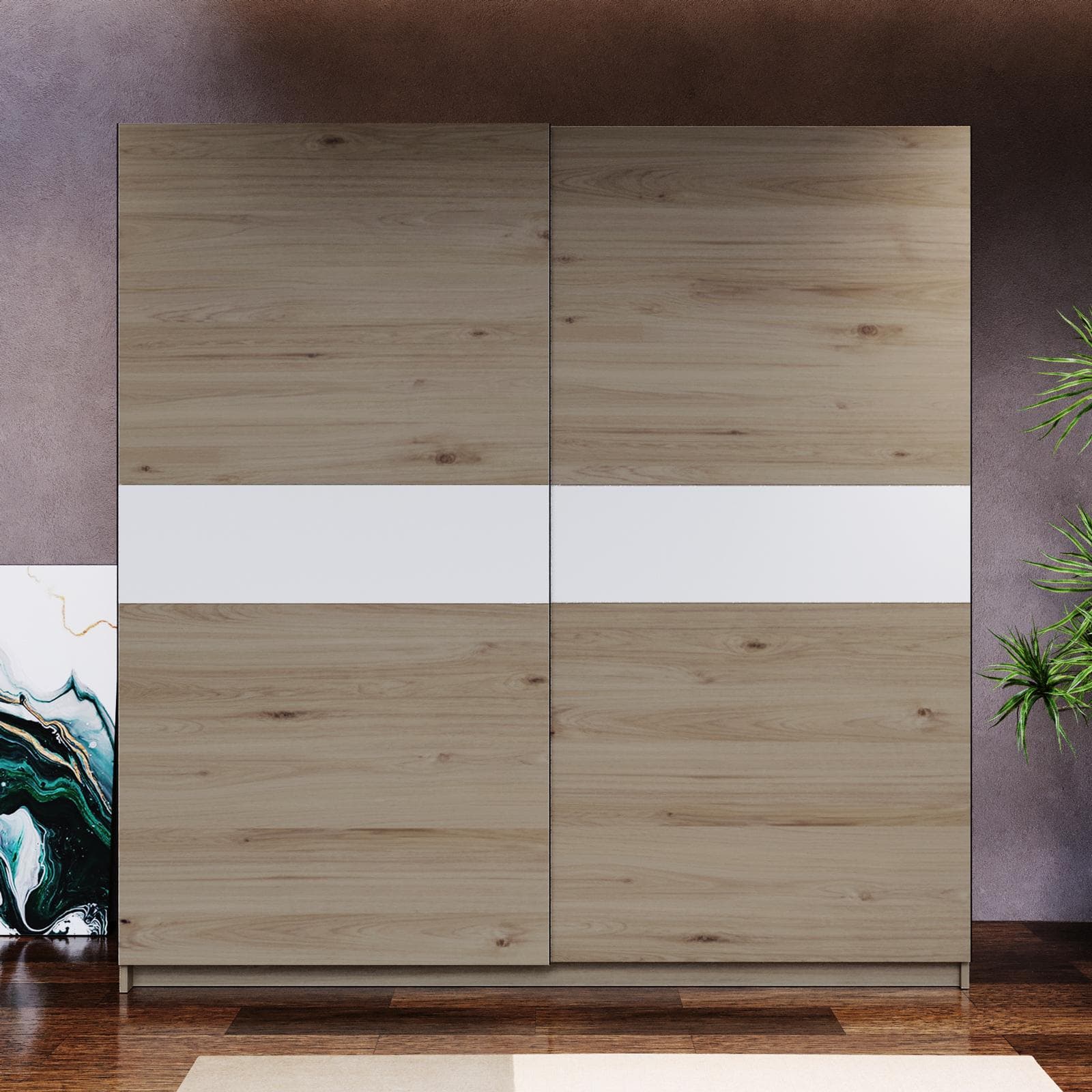 Armadio 200x205h cm con 2 ante scorrevoli rovere con inserto bianco - Essex