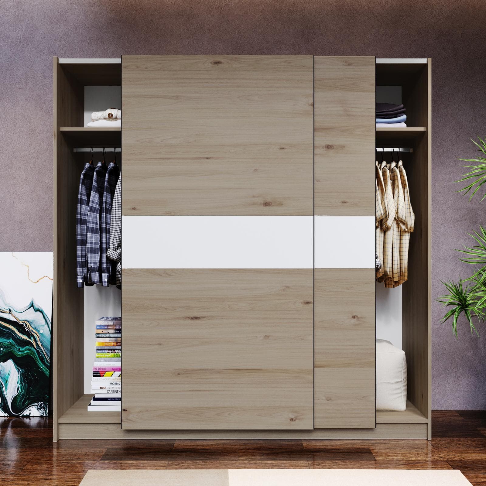 Armadio 200x205h cm con 2 ante scorrevoli rovere con inserto bianco - Essex