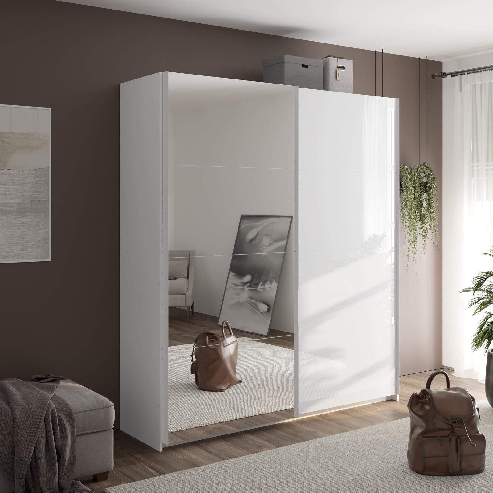 Armadio 200x223h cm con due ante scorrevoli bianco lucido e specchio - Alen