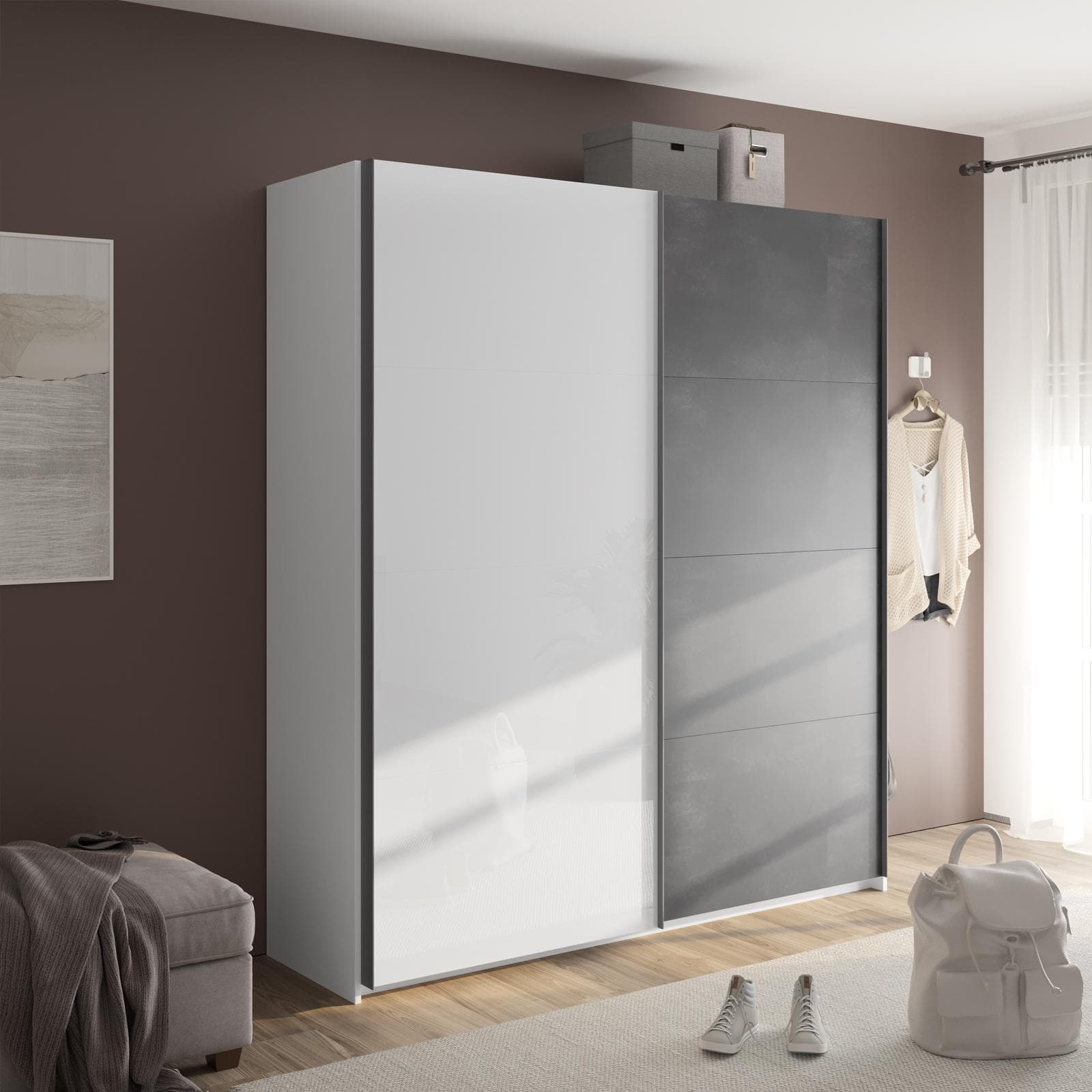 Armadio 200x223h cm bianco opaco con due ante scorrevoli bianco lucido e grigio tadao - Alen