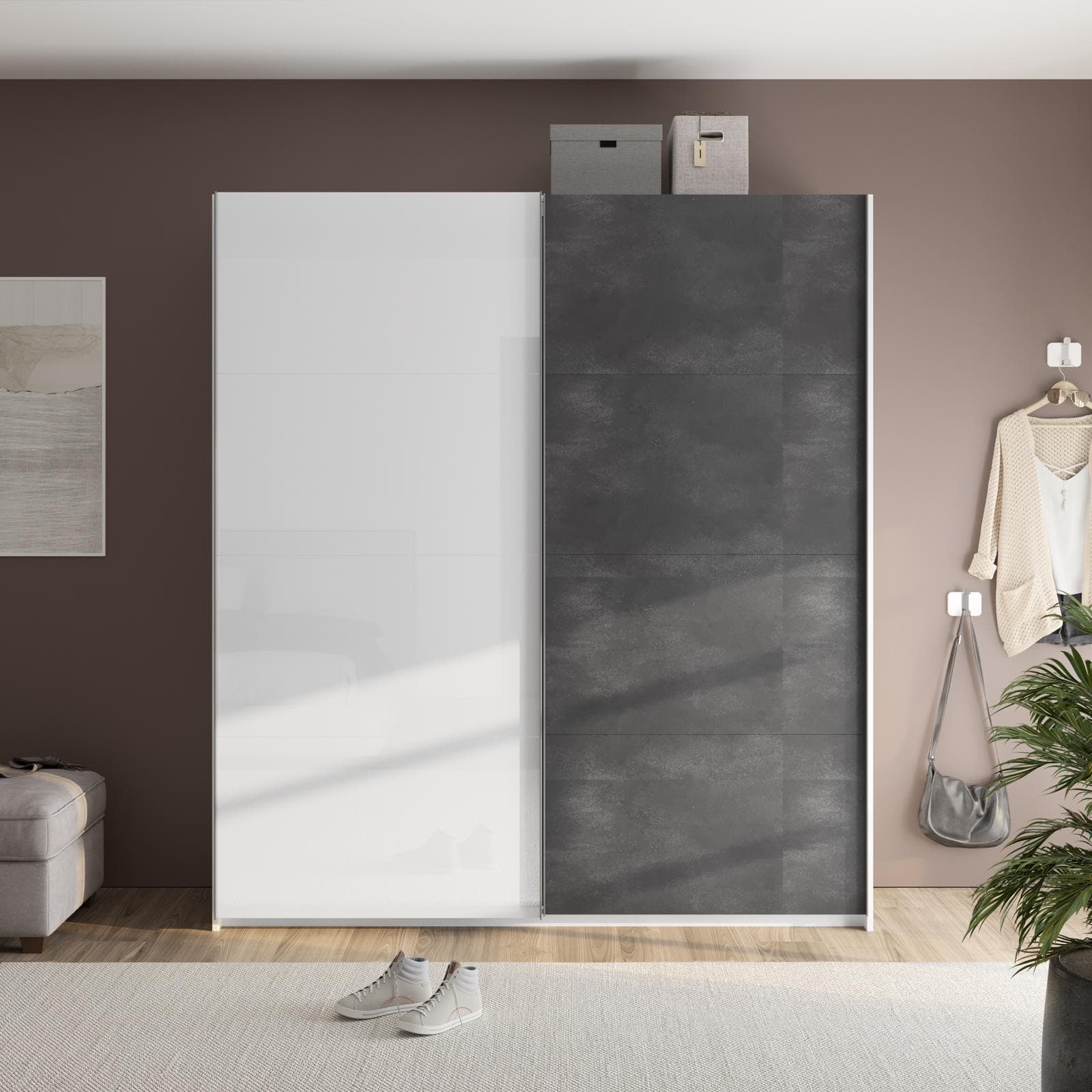 Armadio 200x223h cm bianco opaco con due ante scorrevoli bianco lucido e grigio tadao - Alen