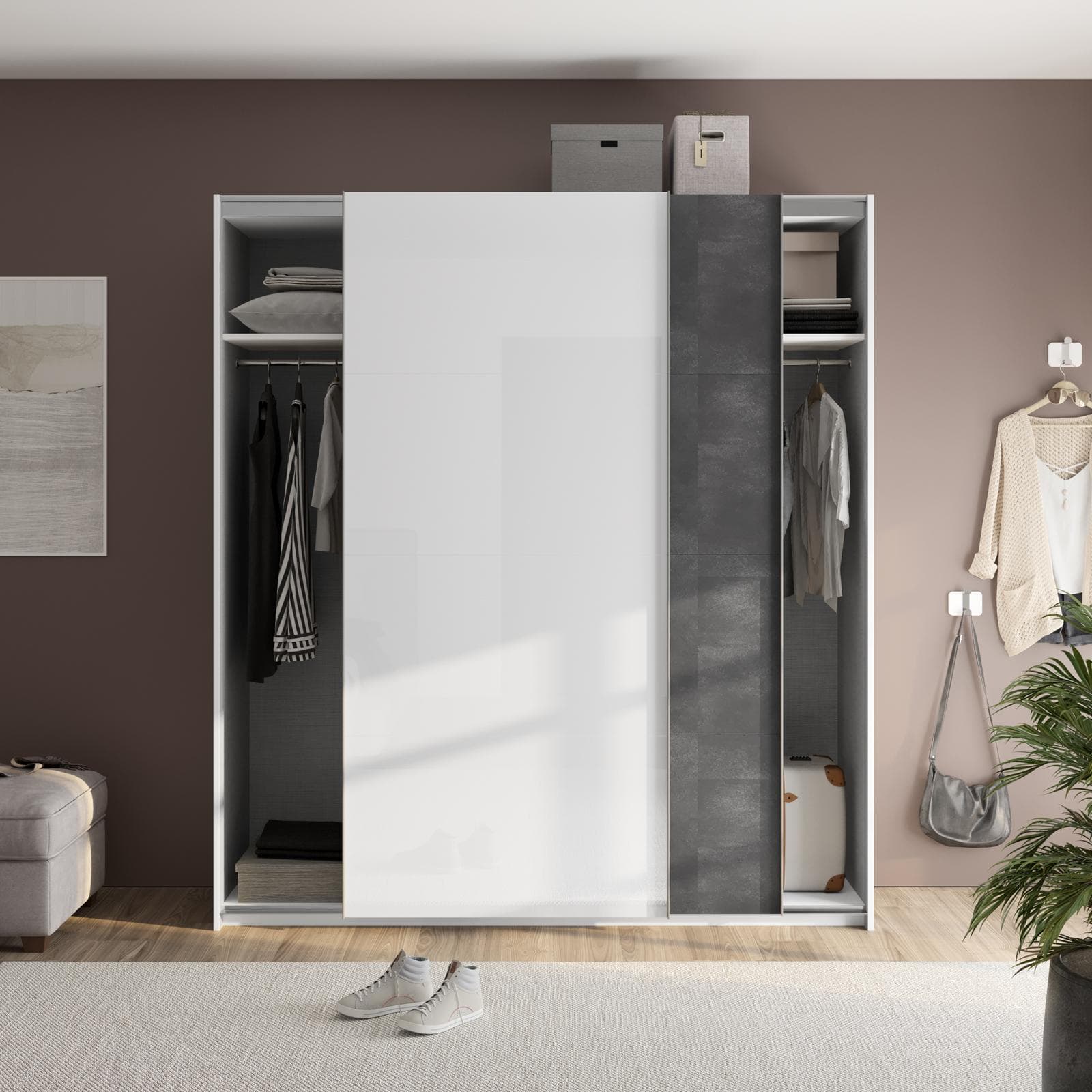 Armadio 200x223h cm bianco opaco con due ante scorrevoli bianco lucido e grigio tadao - Alen