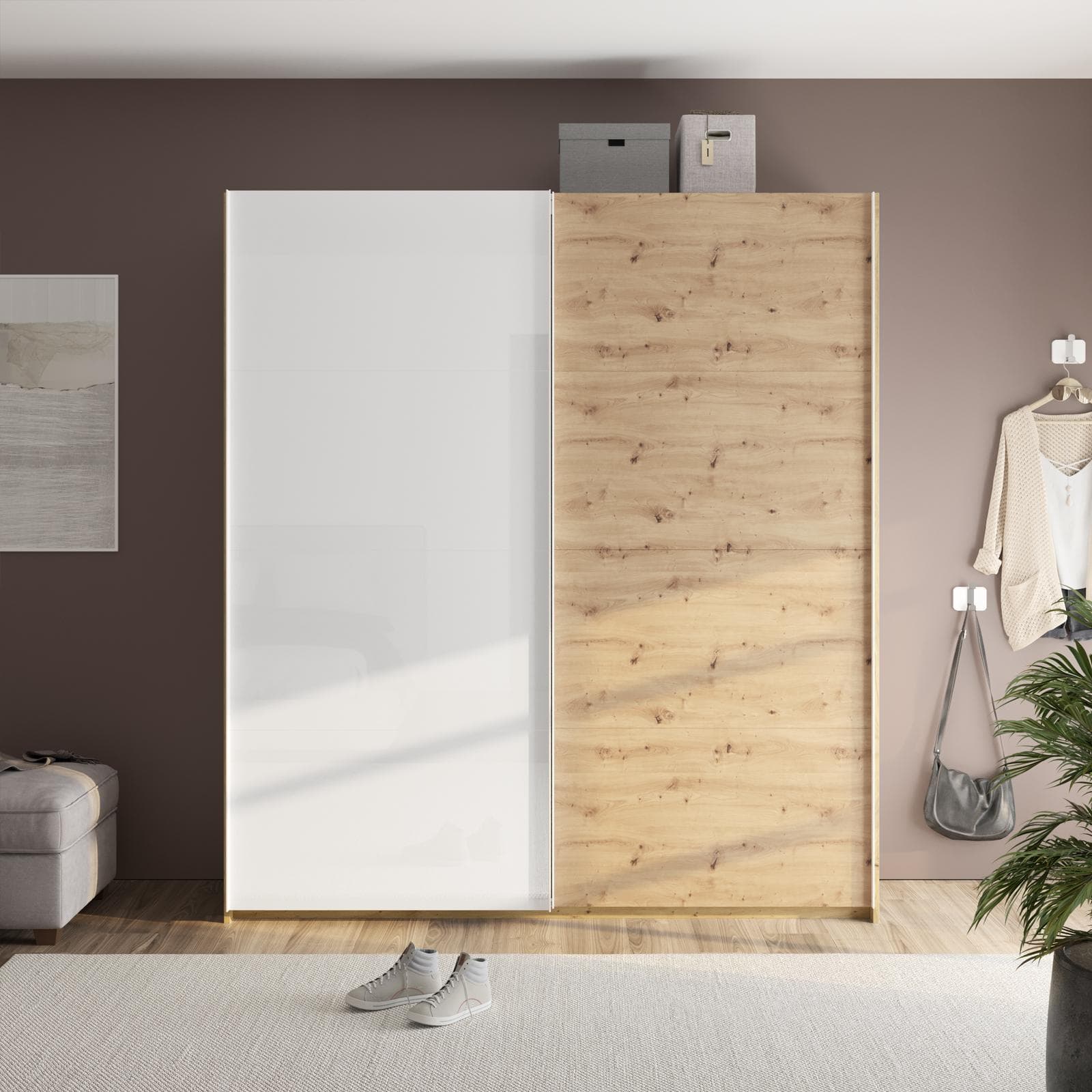 Armadio 200x223h cm con due ante scorrevoli bianco lucido e rovere artisan - Alen