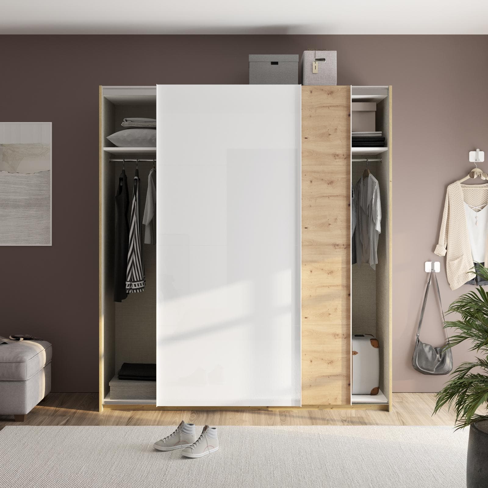 Armadio 200x223h cm con due ante scorrevoli bianco lucido e rovere artisan - Alen