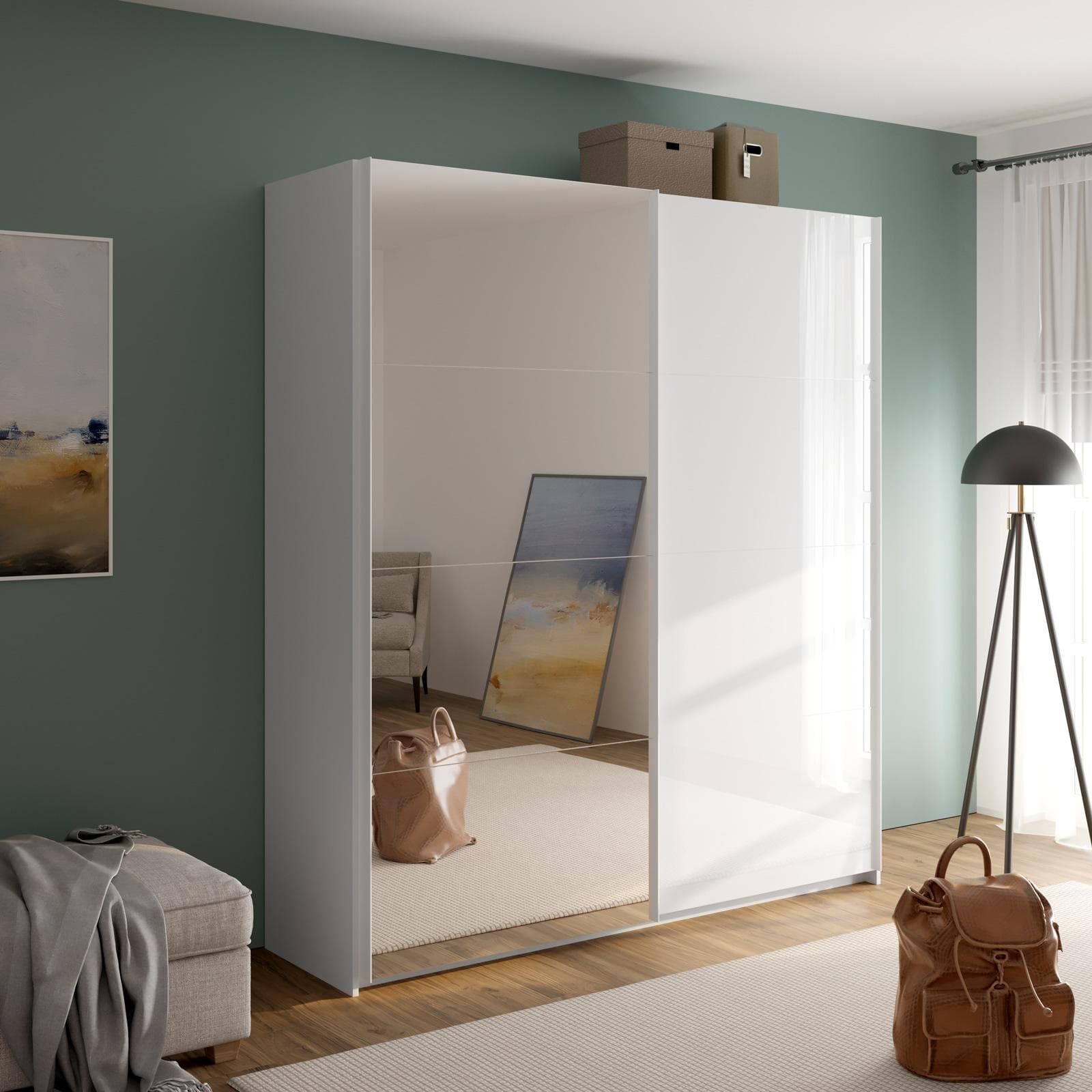 Armadio 200x223h cm con due ante scorrevoli bianco opaco e specchio - Alen