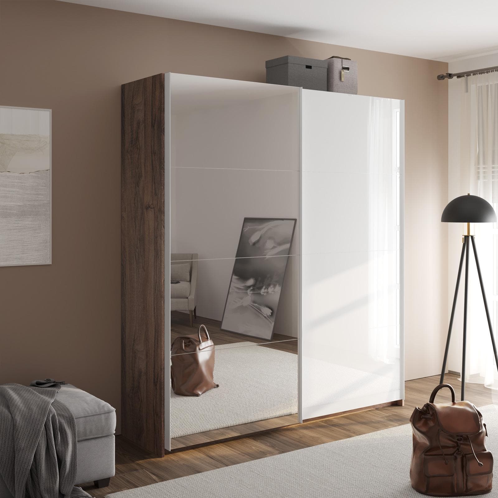 Armadio 200x223h cm noce brera con due ante scorrevoli bianco lucido e specchio - Alen