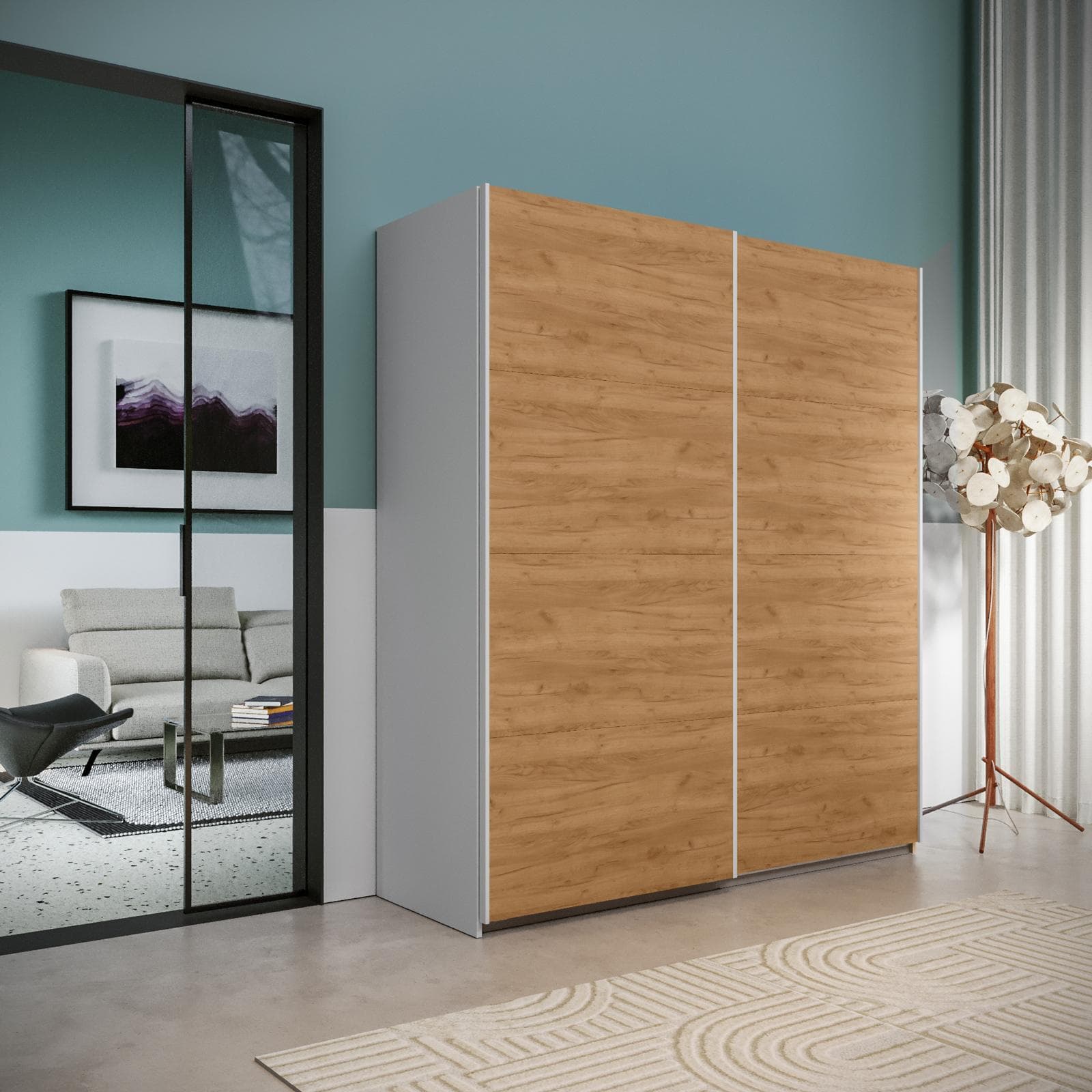 Armadio 203x223h cm bianco con 2 ante scorrevoli rovere gold - Alen