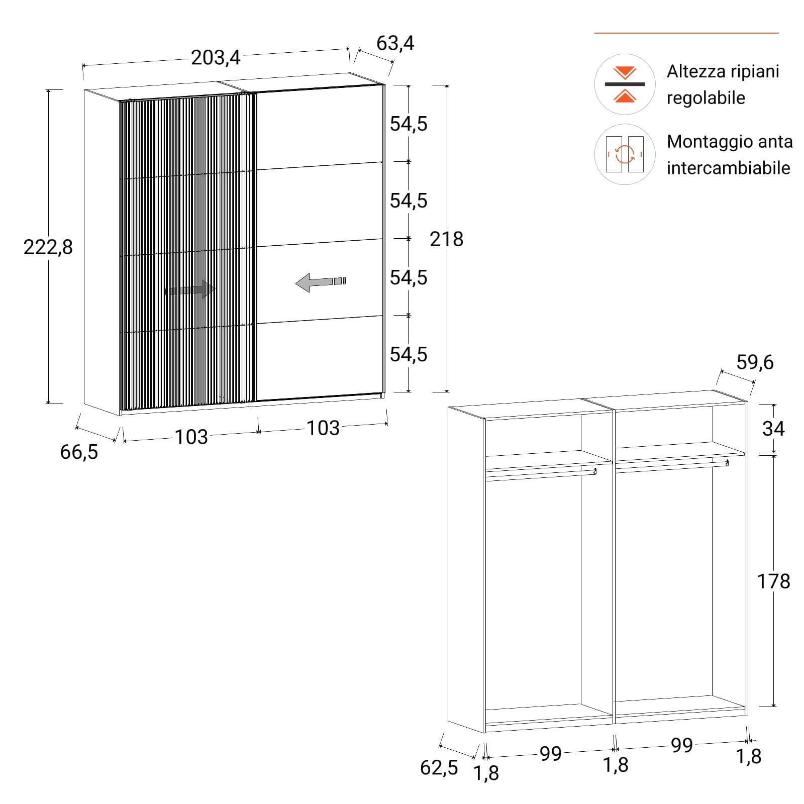 Armadio 203x223h cm rovere deciso con 2 ante scorrevoli rovere deciso opaco e cannettato - Alen