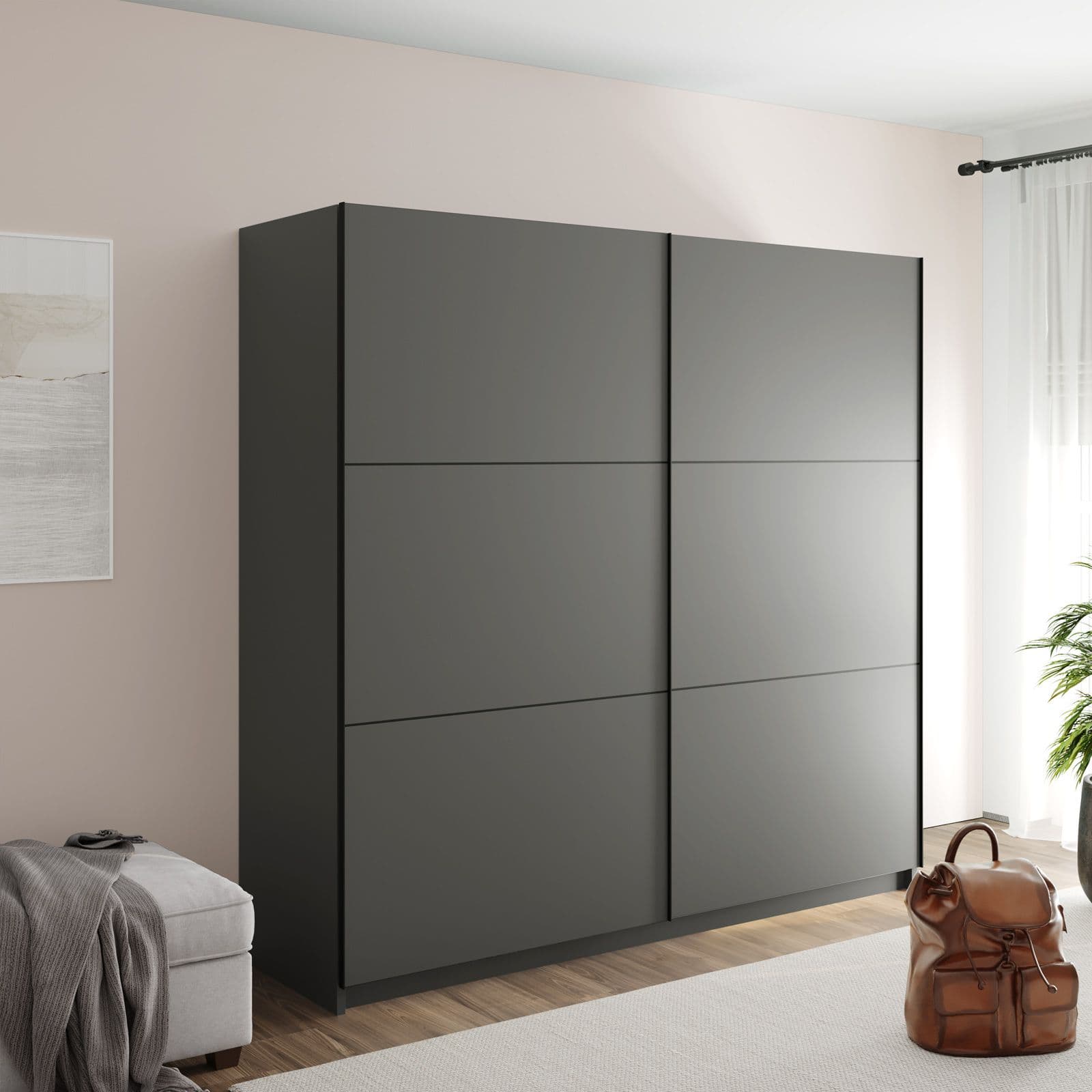 Armadio 217x210h cm con 2 ante scorrevoli in legno grafite - Rufus