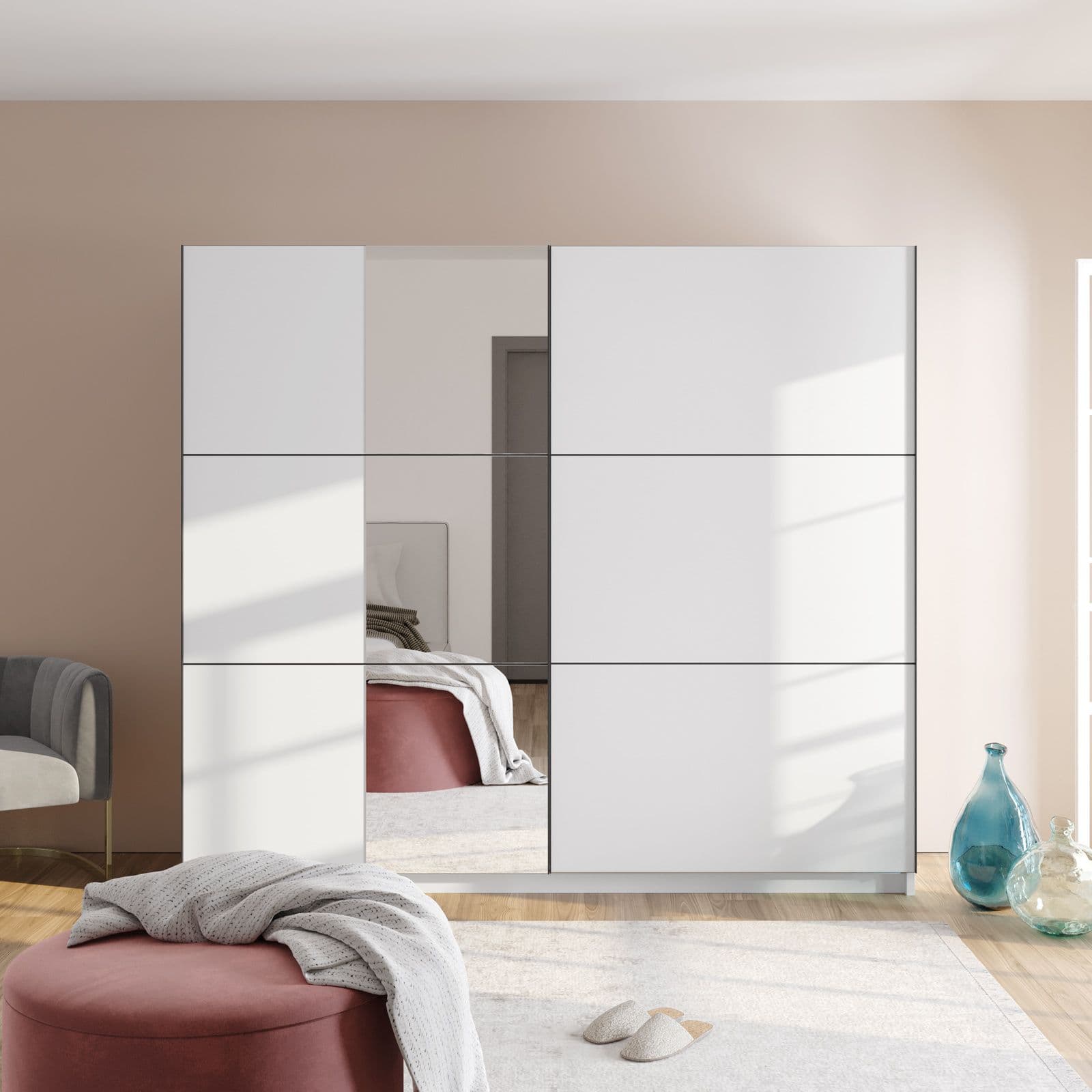 Armadio 237x210h cm con specchio e 2 ante scorrevoli bianco - Rufus