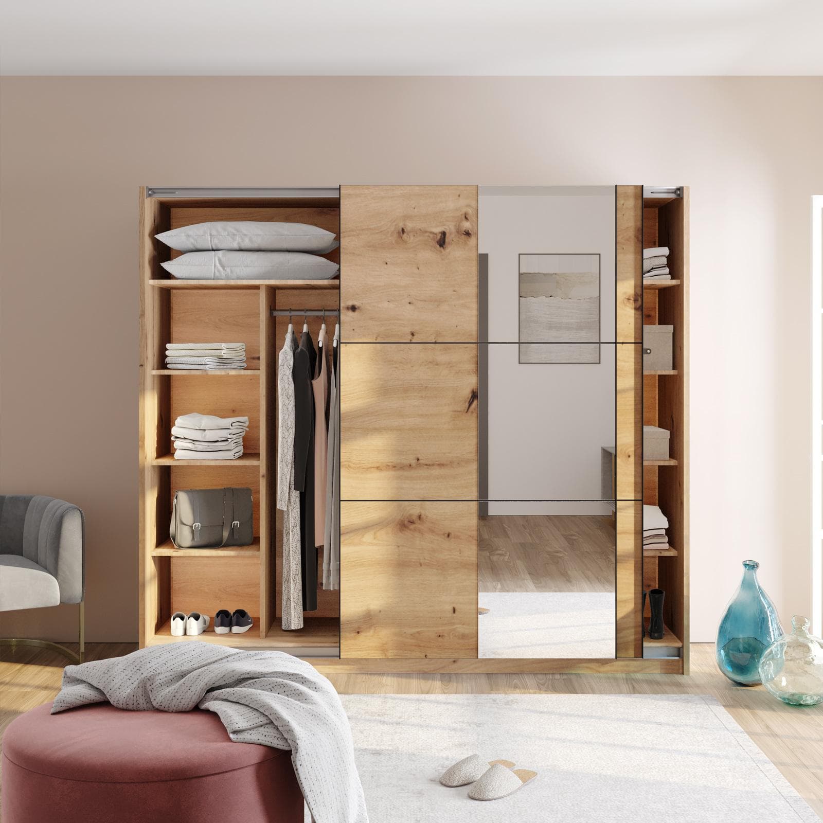Armadio 237x210h cm con specchio e 2 ante scorrevoli rovere savana - Rufus