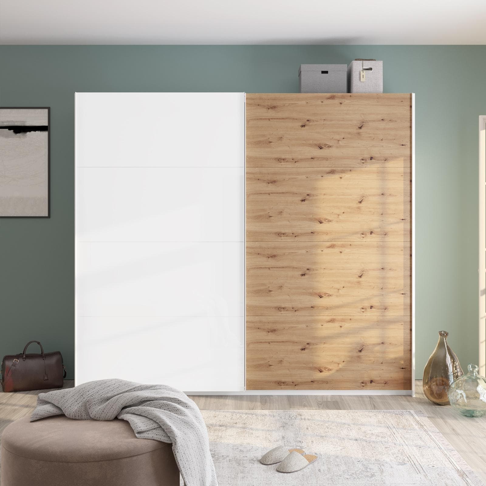 Armadio 250x223h cm con due ante scorrevoli bianco opaco e rovere - Alen