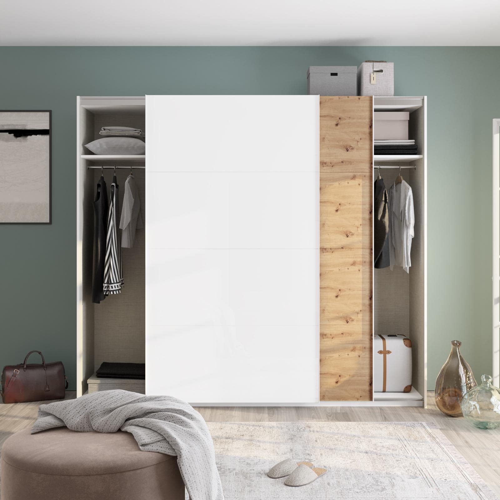 Armadio 250x223h cm con due ante scorrevoli bianco opaco e rovere - Alen