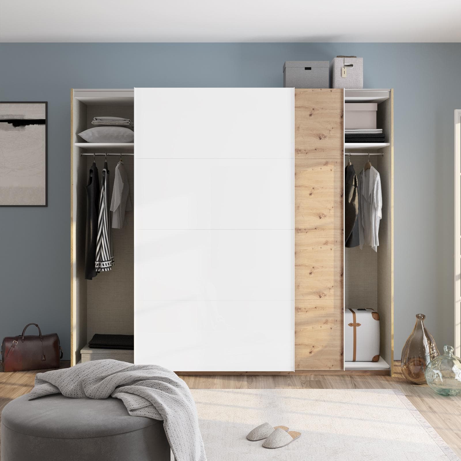 Armadio 250x223h cm con due ante scorrevoli rovere e bianco opaco - Alen