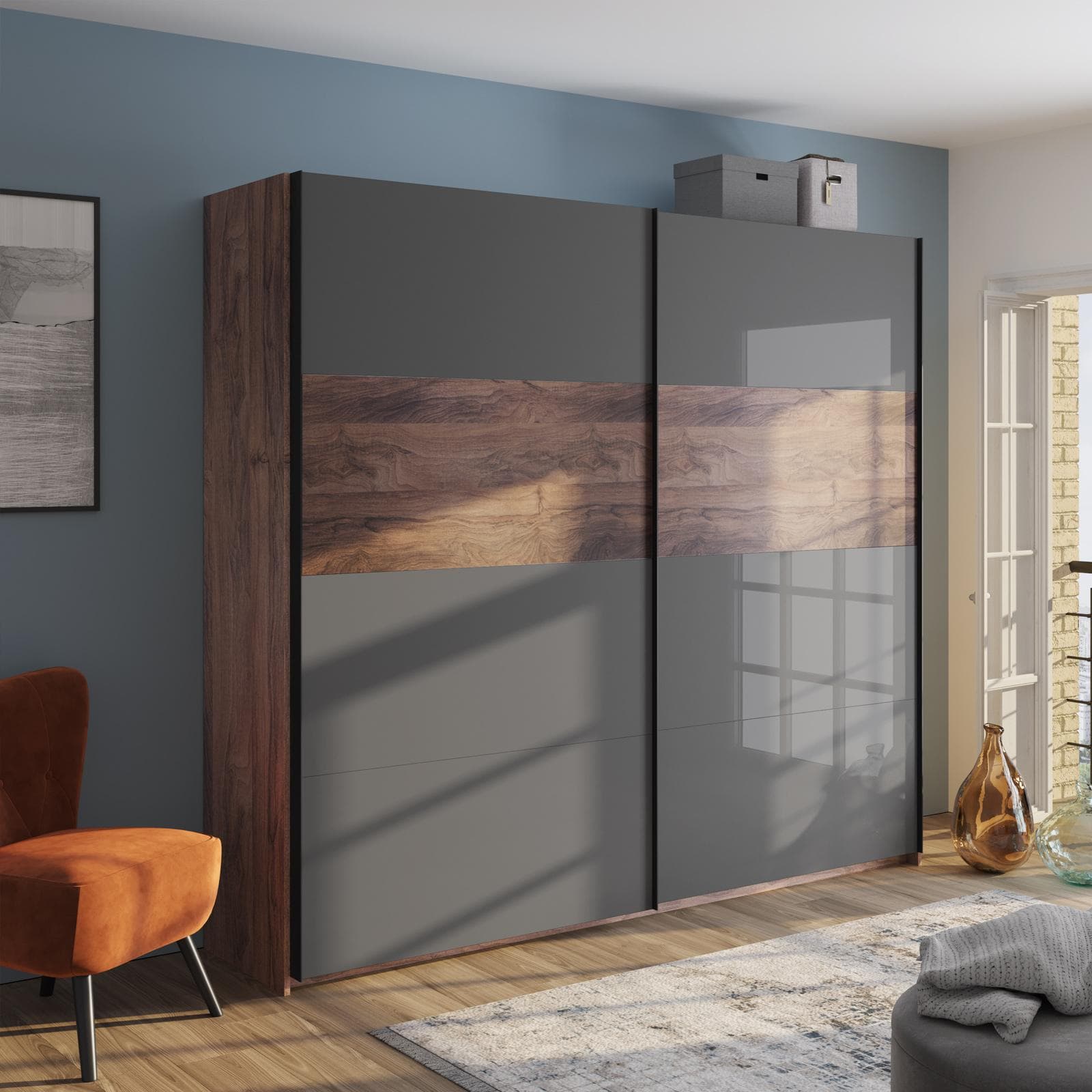 Armadio 250x223h con due ante scorrevoli noce brera e grigio titanio lucido - Alen