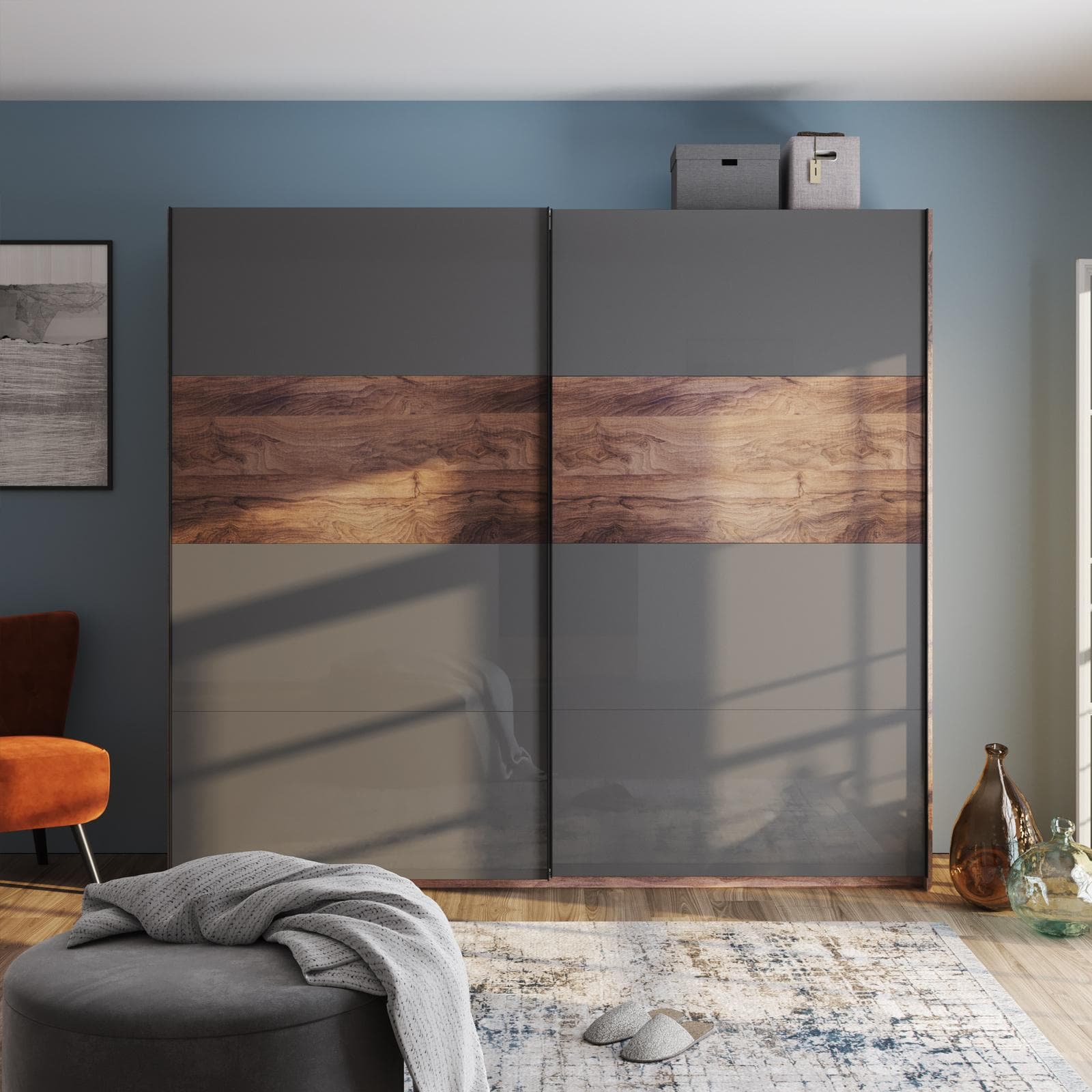Armadio 250x223h con due ante scorrevoli noce brera e grigio titanio lucido - Alen