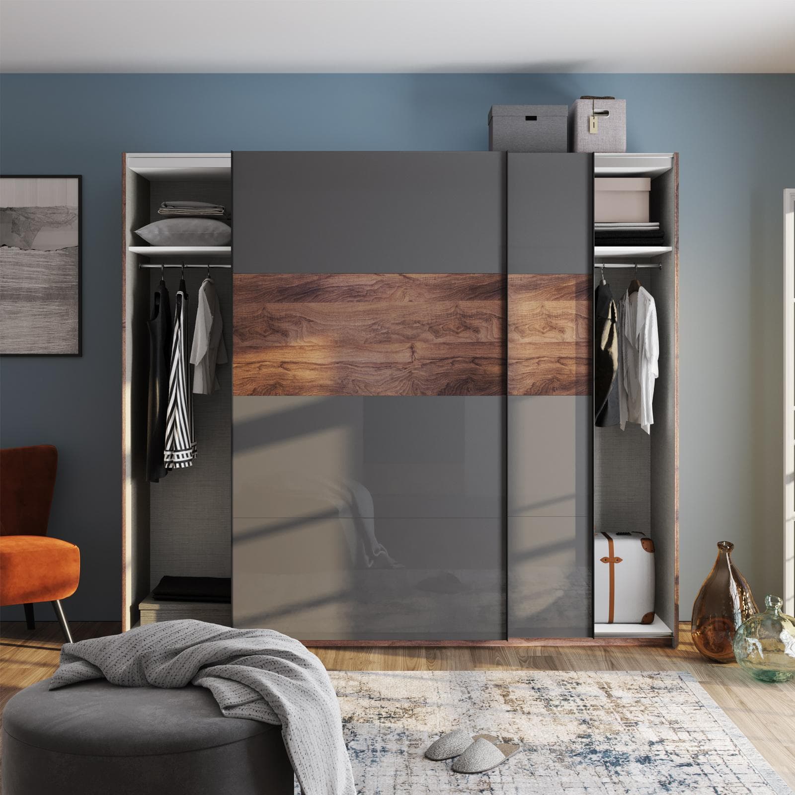 Armadio 250x223h con due ante scorrevoli noce brera e grigio titanio lucido - Alen