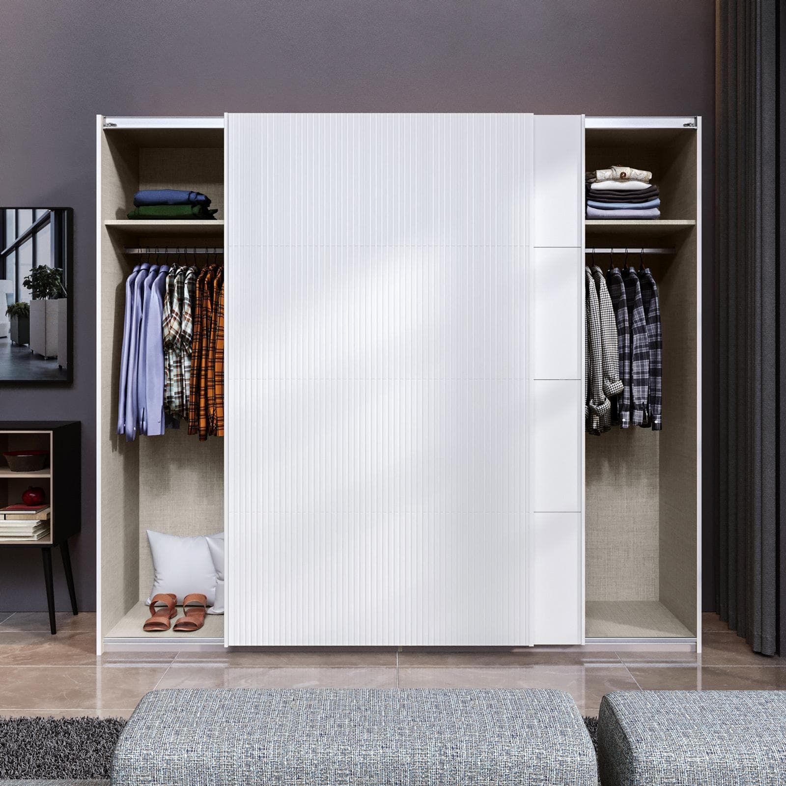 Armadio 251x223h cm bianco con 2 ante scorrevoli bianco opaco e cannettato - Alen