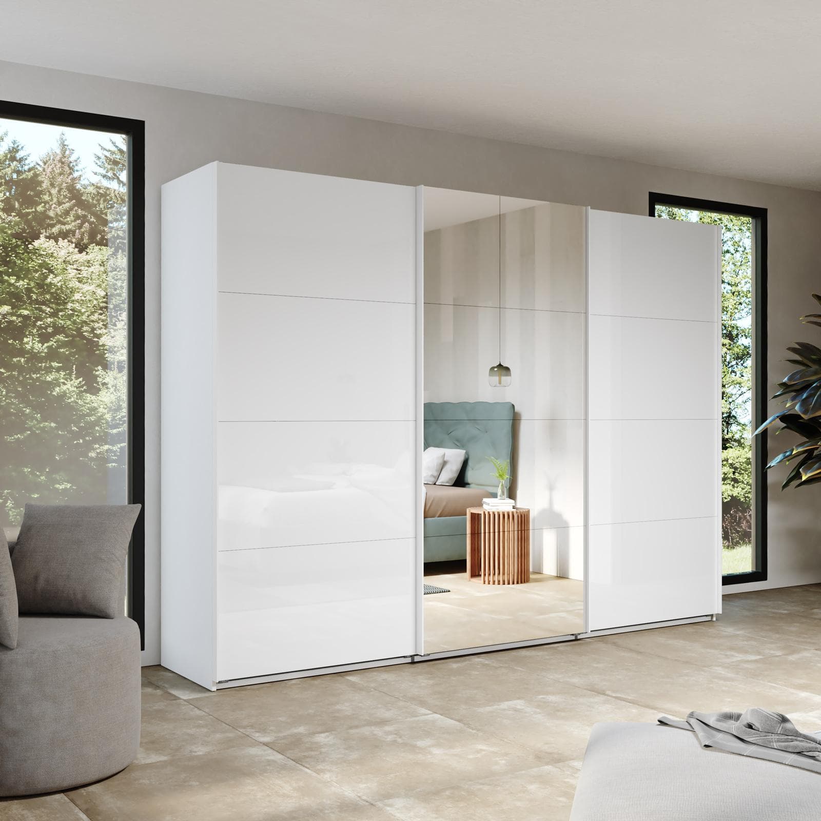 Armadio 300x223h cm con tre ante scorrevoli bianco lucido e specchio - Alen
