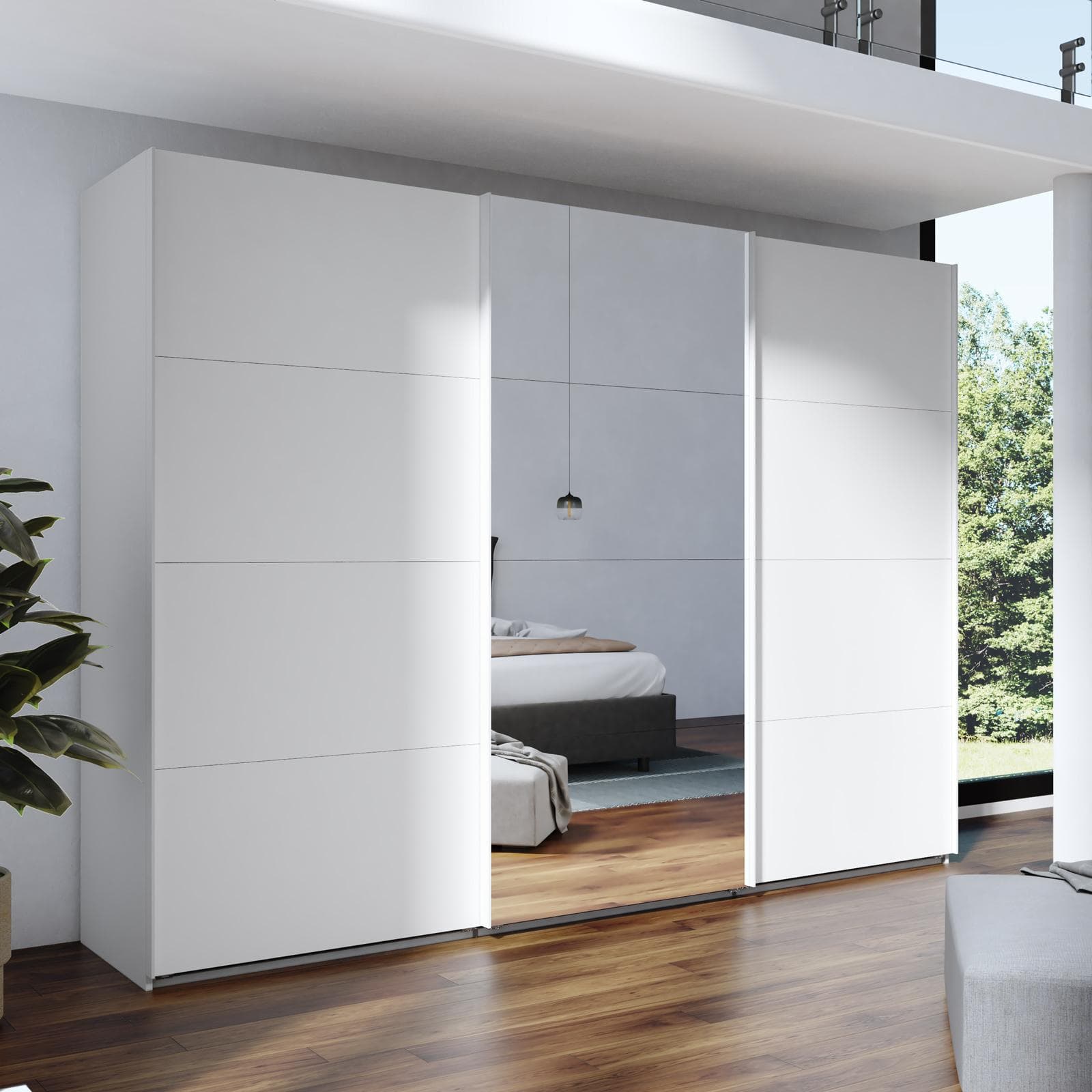 Armadio 300x223h cm con tre ante scorrevoli bianco opaco e specchio - Alen