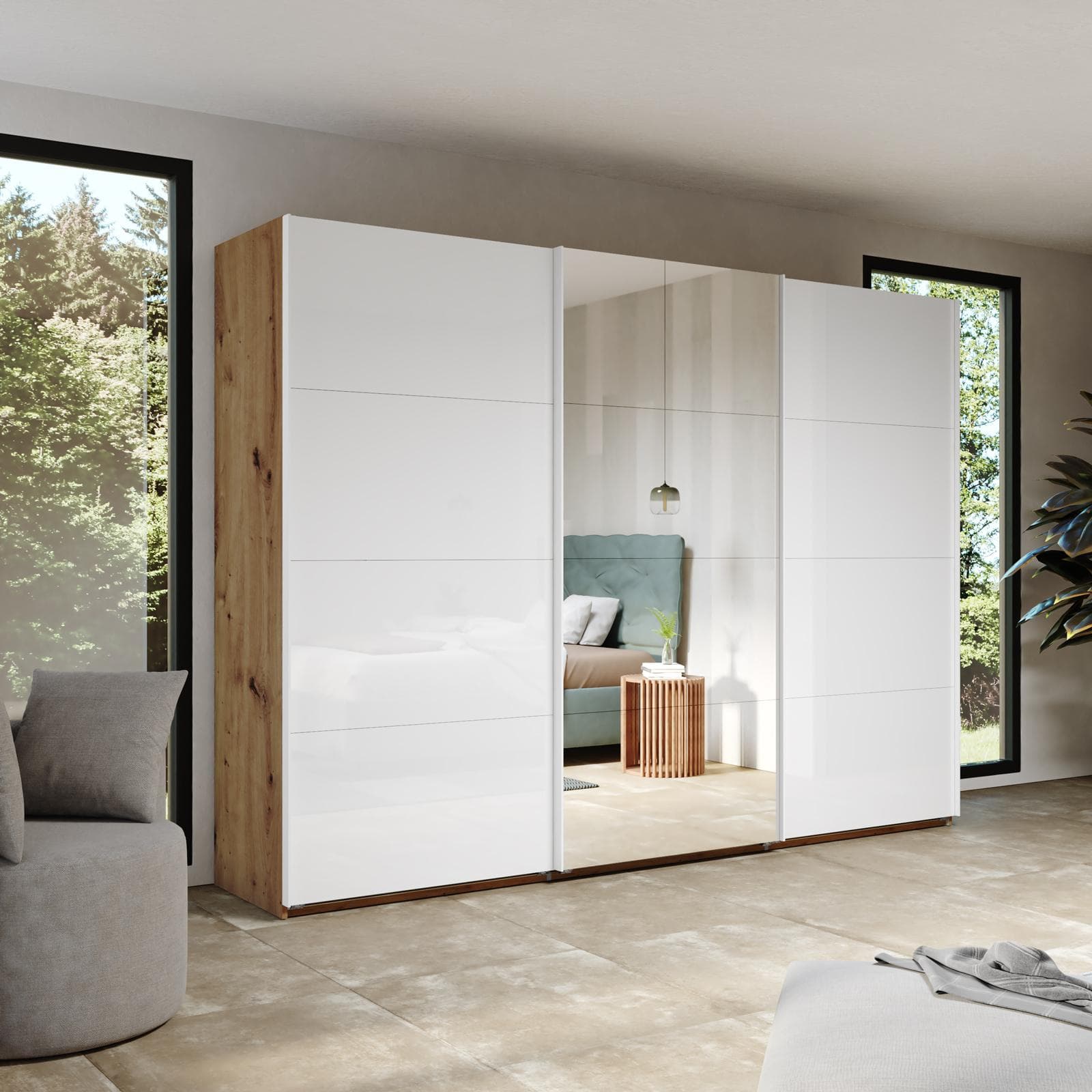 Armadio 300x223h cm rovere artisan con tre ante scorrevoli bianco lucido e specchio - Alen