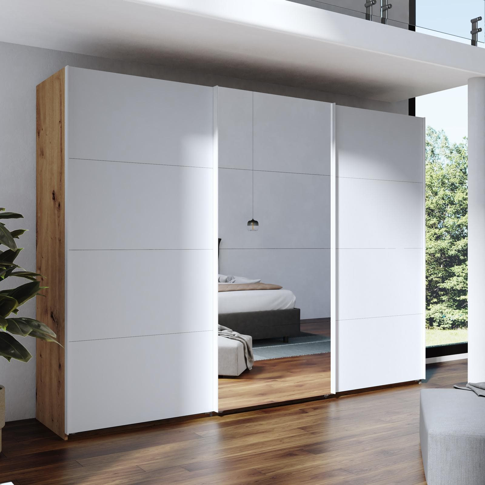 Armadio 300x223h cm rovere artisan con tre ante scorrevoli bianco opaco e specchio - Alen