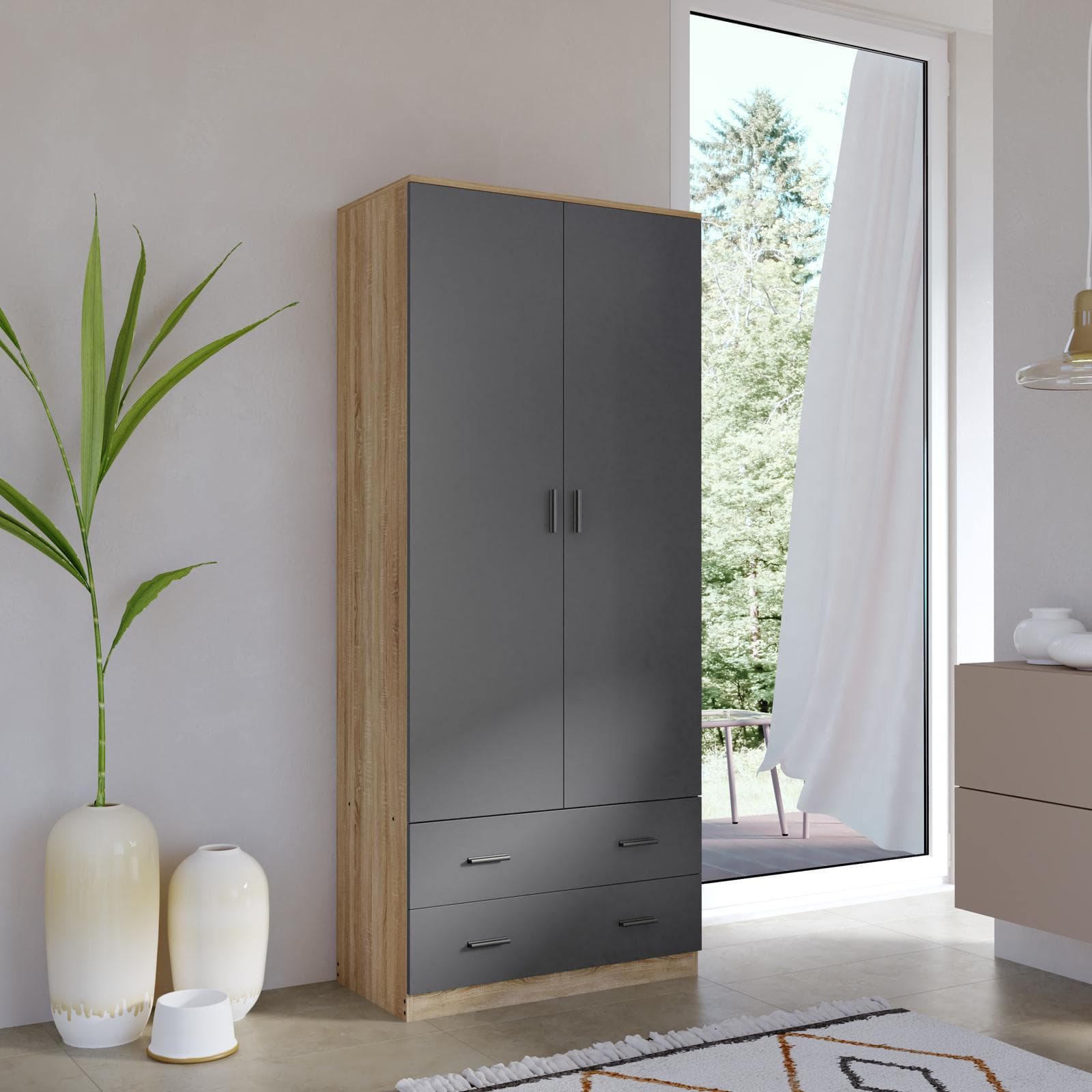 Armadio 80x190h cm con 2 ante battenti e 2 cassetti antracite e rovere - Axel