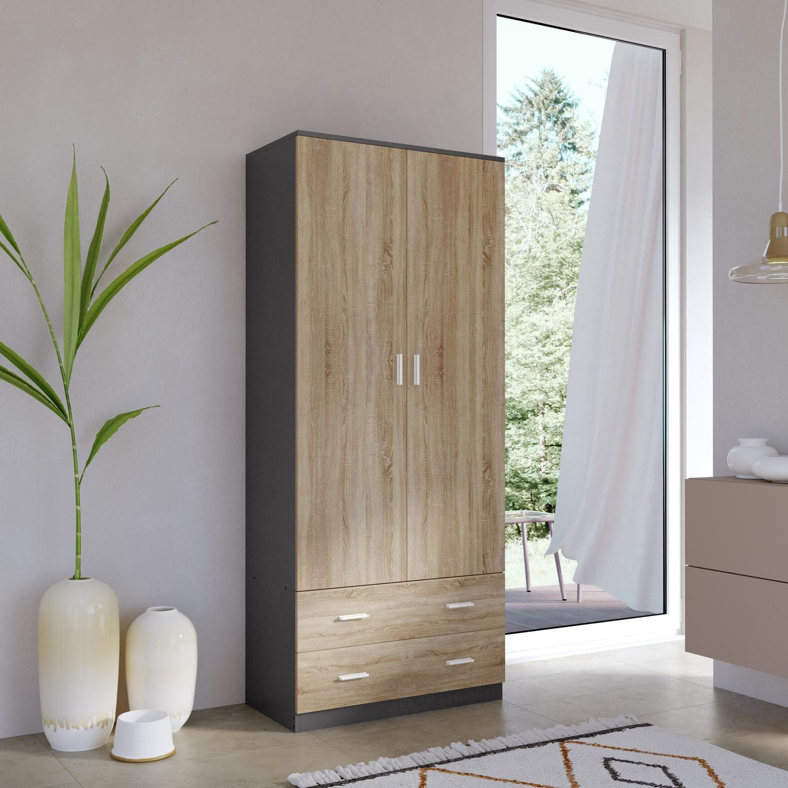 Armadio 80x190h cm con 2 ante battenti e 2 cassetti rovere e antracite - Axel