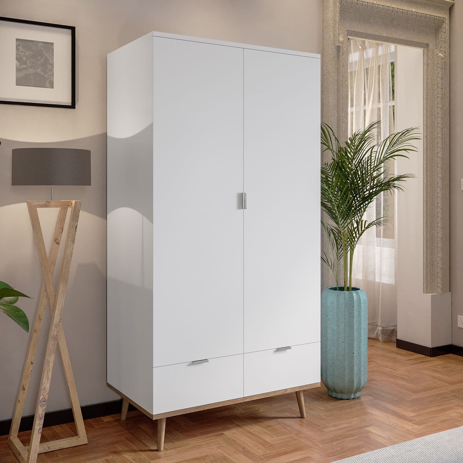 Armadio 90x180h cm in legno bianco rovere sonoma con 2 ante e 2 cassetti - Holberg