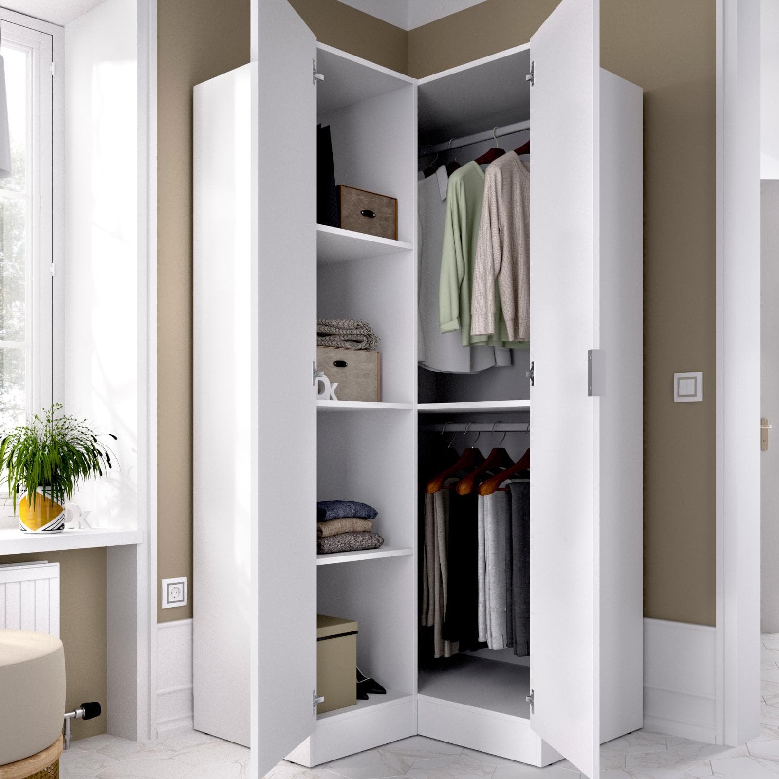 Armadio angolare 93x184 h cm reversibile con vani e ante in legno bianco - Axel