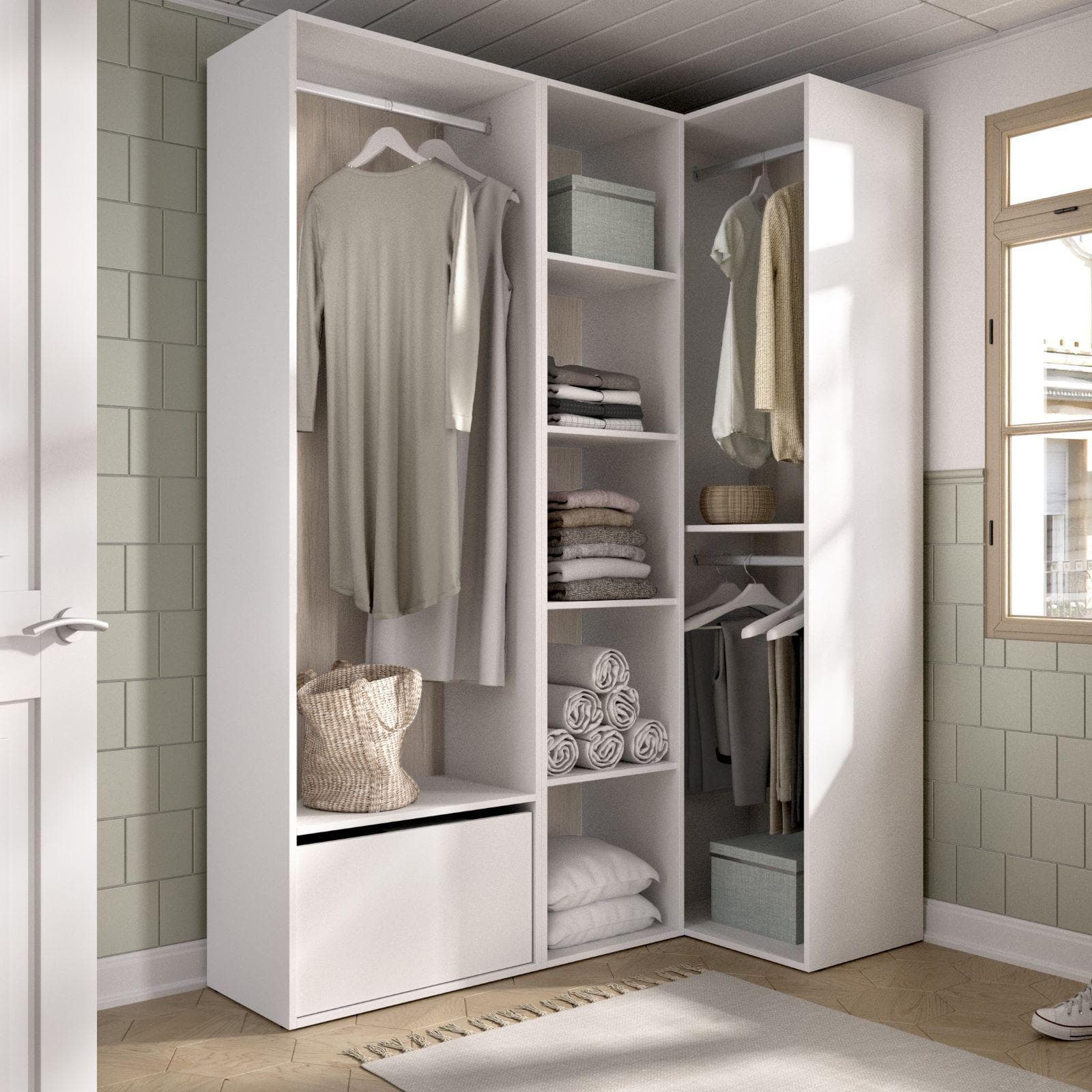Armadio angolare 145x205h cm bianco ed effetto rovere naturale con vani a giorno e scarpiera - Bernac